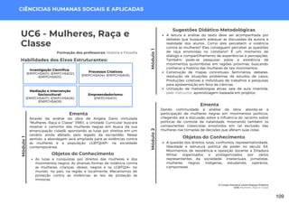 Módulo
1
O Corpo Humano como Espaço Político
UC6: Mulheres, Raça e Classe
Módulo
1
UC6 - Mulheres, Raça e
Classe
Formação dos professores: História e Filosofia
Através da análise da obra de Angela Davis intitulada
"Mulheres, Raça e Classe" (1981), a Unidade Curricular buscará
mostrar o caminho das mulheres negras em busca da sua
emancipação cidadã, apontando as lutas por direitos em um
cenário ainda afetado pelo legado da escravidão. Nesse
sentido, a abordagem será ampliada para as violências contra
as mulheres e a população LGBTQIAP+ na sociedade
contemporânea.
Ementa
Habilidades dos Eixos Estruturantes:
Módulo
2
CIÊNCICIAS HUMANAS SOCIAIS E APLICADAS
Investigação Científica:
(EMIFCHSA01); (EMIFCHSA02);
(EMIFCHSA03).
Processos Criativos:
(EMIFCHSA04); (EMIFCHSA05).
Mediação e Intervenção
Sociocultural:
(EMIFCHSA07); (EMIFCHSA08);
(EMIFCHSA09).
Empreendedorismo:
(EMIFCHSA10).
Objetos do Conhecimento
As lutas e conquistas por direitos das mulheres e dos
movimentos negros. As diversas formas de violência contra
as mulheres, crianças, idosos, negros e os LGBTQIA+ no
mundo, no país, na região e localmente; Mecanismos de
proteção contra as violências; as leis de proteção às
minorias.
Sugestões Didático-Metodológicas
A leitura e análise do texto deve ser acompanhada por
debates que busquem adequar as discussões da autora à
realidade dos alunos. Como eles percebem a violência
contra as mulheres? Eles conseguem perceber as questões
de raça envolvidas no cotidiano? É um momento de
diálogo e compartilhamento de experiências e percepções.
Também pode-se pesquisar sobre a existência de
movimentos quilombolas em regiões próximas, buscando
conhecer a história das mulheres de tais movimentos;
Construção de mapas conceituais; Seminários, debates,
resolução de situações problemas de estudos de casos;
Produções coletivas e individuais de trabalhos e pesquisas
para apresentação em feira de ciências.
Utilização de metodologias ativas: sala de aula invertida,
peer instructor, aprendizagem baseada em projetos.
Objetos do Conhecimento
A questão dos direitos, lutas, confrontos, representatividade,
liberdade e estrutura política de poder no século XX;
Movimentos de resistência e oposição durante a Ditadura
Militar organizados e protagonizados por vários
representantes da sociedade: intelectuais, jornalistas,
mulheres, negros, indígenas, estudantes, operários,
camponeses.
Dando continuidade à análise da obra, aborda-se a
participação de mulheres negras em movimentos políticos,
chegando até a discussão sobre a influência do racismo sobre
políticas de controle de natalidade, mostrando também os
componentes classicistas envolvidos em tal exclusão das
mulheres nas tomadas de decisões que afetam suas vidas.
Ementa
109
 
