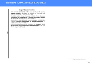 UC1
CIÊNCICIAS HUMANAS SOCIAIS E APLICADAS
Sugestões de Fontes
RIO GRANDE DO NORTE. Referencial Curricular do Ensino
Médio Potiguar. Secretaria do Estado da Educação, da
cultura, do esporte e do lazer. Natal, 2021.
ALMEIDA, Lúcia Marian Alves de; RIGOLIN, Tércio Barbosa.
Fronteiras da Globalização: O Mundo Natural e o Espaço
Humanizado. 3. ed. São Paulo: Ática, 2016. v. 2.
LUCCI, Elian Alabi; BRANCO, Anselmo Lazaro; MENDONÇA,
Cláudio. Território e Sociedade no Mundo Globalizado. 3.
ed. São Paulo: Saraiva, 2016. v. 2.
MOREIRA, João Carlos; SENE, Eustáquio de. Geografia Geral
e do Brasil: Espaço Geográfico e Globalização. 3 ed. São
Paulo: Scipione, 2016. v. 2.
Homo Politicus: Empoderamento Juvenil
UC1: Globalização e Geopolítica
114
 