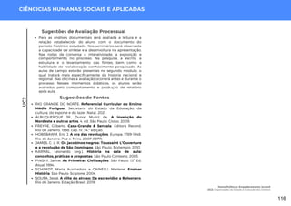UC2
CIÊNCICIAS HUMANAS SOCIAIS E APLICADAS
Sugestões de Fontes
RIO GRANDE DO NORTE. Referencial Curricular do Ensino
Médio Potiguar. Secretaria do Estado da Educação, da
cultura, do esporte e do lazer. Natal, 2021.
ALBUQUERQUE JR., Durval Muniz de. A invenção do
Nordeste e outras artes. 4. ed. São Paulo: Globo, 2009.
FREYRE, Gilberto. Casa-Grande & Senzala. Editora Record,
Rio de Janeiro, 1998, cap. IV, 34.ª edição.
HOBSBAWM, Eric J. A era das revoluções. Europa, 1789-1848.
Rio de Janeiro: Paz e. Terra, 2007 (1977).
JAMES, C. L. R. Os jacobinos negros: Toussaint L’Ouverture
e a revolução de São Domingos. São Paulo, Boitempo, 2010
KARNAL, Leonardo (org.). História na sala de aula:
conceitos, práticas e propostas. São Paulo Contexto, 2003.
PINSKY, Jaime. As Primeiras Civilizações. São Paulo: 15ª Ed,
Atual, 1994.
SCHIMIDT, Maria Auxiliadora e CAINELLI, Marlene. Ensinar
História. São Paulo: Scipione, 2004.
SOUSA, Jessé. A elite do atraso: Da escravidão a Bolsonaro.
Rio de Janeiro: Estação Brasil, 2019.
Sugestões de Avaliação Processual
Para as análises documentais será avaliada a leitura e a
relação estabelecida do aluno com o documento do
período histórico estudado. Nos seminários será observada
a capacidade de síntese e a desenvoltura na apresentação.
Nas rodas de conversa a interatividade, a exposição e
comportamento no processo. Na pesquisa, a escrita, a
estrutura e o levantamento das fontes, bem como a
habilidade de reelaboração conhecimento pesquisado. As
aulas de campo estarão presentes no segundo modulo, o
qual tratará mais especificamente da historia nacional e
regional. Nas oficinas a avaliação ocorrerá antes e durante o
processo. Nesses momentos didáticos, os alunos serão
avaliados pelo comportamento e produção de relatório
após aula.
Homo Politicus: Empoderamento Juvenil
UC2: Organização do Estado e Evolução dos Direitos
116
 