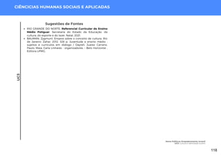 UC3
CIÊNCICIAS HUMANAS SOCIAIS E APLICADAS
Sugestões de Fontes
RIO GRANDE DO NORTE. Referencial Curricular do Ensino
Médio Potiguar. Secretaria do Estado da Educação, da
cultura, do esporte e do lazer. Natal, 2021.
BAUMAN, Zygmunt. Ensaios sobre o conceito de cultura. Rio
de Janeiro: Zahar, 2012. 328 p. Juventude e ensino médio :
sujeitos e currículos em diálogo / Dayrell, Juarez Carrano,
Paulo, Maia, Carla Linhares - organizadores. – Belo Horizonte :
Editora UFMG,
Homo Politicus: Empoderamento Juvenil
UC3: Cultura e Identidade Juvenil
118
 