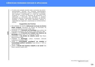 UC6
CIÊNCICIAS HUMANAS SOCIAIS E APLICADAS
Sugestões de Fontes
RIO GRANDE DO NORTE. Referencial Curricular do Ensino
Médio Potiguar. Secretaria do Estado da Educação, da
cultura, do esporte e do lazer. Natal, 2021.
JOHNSON, A. G. Dicionário de Sociologia: guia prático da
linguagem sociológica. Rio de Janeiro: Jorge Zahar Ed., 1997.
ALMEIDA, F. M. O Conceito de Trabalho nos Clássicos da
Sociologia. Espaço Livre, v. 9, n. 18, pp.20-33, 2015.
DURKHEIM, É. Da divisão do trabalho social. São Paulo:
Martins Fontes, 2008.
GIDDENS, A. Sociologia. Lisboa: Fundação Calouste
Gulbenkian, 6ª Edição, 2006.
LESSA, S. “Centralidade ontológica” do trabalho e
“centralidade política” proletária. Lutas Sociais, n. 13/14, p.
106-121, 2005b.
LESSA, S. Mundo dos homens: trabalho e ser social. São
Paulo: Instituto Lukács, 2012.
O aluno será avaliado durante todo o processo de ensino-
aprendizagem, focando nas múltiplas aprendizagens
levando em consideração o perfil e realidade do indivíduo;
Será avaliado a participação e o nível de criatividade,
empenho e iniciativa na resolução de problemas e na
elaboração e execuções das atividades e projetos
propostos. Observar a capacidade dos alunos de formular
questões a respeito dos temas abordados; verificar a
capacidade de organizar e sistematizar os conhecimentos
obtidos.
Homo Politicus: Empoderamento Juvenil
UC6: Mundo do Trabalho
124
 