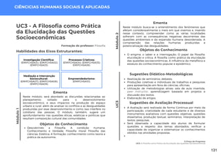 Módulo
1
UC3 - A Filosofia como Prática
da Elucidação das Questões
Socioeconômicas
Formação do professor: Filosofia
Neste módulo, será abordado as discursões relacionadas ao
planejamento voltado para o desenvolvimento
socioeconômico, e seus impactos na produção do espaço
urbano e rural. além de analisar os conflitos e as desigualdades
produzidas por esse desenvolvimento e como isso interfere no
cotidiano das pessoas. O módulo, também, sugere um
aprofundamento nas questões éticas, estéticas e políticas que
resultam composição cultural das comunidades.
Ementa
Habilidades dos Eixos Estruturantes:
Objetos do Conhecimento
Descobrindo a Filosofia; A condição humana;
Conhecimento e Verdade; Filosofia moral Filosofia das
ciências; Estética; A formação: conhecimento como teoria e
prática da autonomia;
CIÊNCICIAS HUMANAS SOCIAIS E APLICADAS
Sugestões Didático-Metodológicas
Realização de seminários; debates;
Produções coletivas e individuais de trabalhos e pesquisas
para apresentação em feira de ciências, oficinas;
Utilização de metodologias ativas: sala de aula invertida,
peer instructor, aprendizagem baseada em projetos e
discussão dos textos;
Elaboração de artigos.
Investigação Científica:
(EMIFCHSA01); (EMIFCHSA02);
(EMIFCHSA03).
Processos Criativos:
(EMIFCHSA04); (EMIFCHSA05);
EMIFCHSA06).
Mediação e Intervenção
Sociocultural:
(EMIFCHSA07); (EMIFCHSA08);
(EMIFCHSA09).
Empreendedorismo:
(EMIFCHSA10).
Objetos do Conhecimento
O enigma: o saber e a interrogação; O papel da filosofia:
elucidação e crítica. A filosofia como prática da elucidação
das questões socioeconômicas, A influência da metafísica e
estatuto do conhecimento popular e epistêmico.
UC3
Neste módulo busca-se o entendimento dos fenômenos que
afetam consideravelmente o meio em que vivemos e, inserido
nesse contexto, compreender como as várias localidades
sofreram com as consequências negativas decorrentes das
questões ambientais e da expansão humana desordenada. A
compreensão das relações humanas produzidas e
potencialização das desigualdades.
Ementa
Módulo
2
Sugestões de Avaliação Processual
A Avaliação será realizada de forma Continua por meio da
participação, criatividade de cada estudante e de diversos
instrumentos avaliativos com questões objetivas, questões
dissertativa, produção textual, seminários, interpretação de
textos, pesquisas,
Será observada a capacidade dos alunos de formular
questões a respeito dos temas abordados; verificar a
capacidade de organizar e sistematizar os conhecimentos
obtidos nas atividades propostas.
O Preço do Progresso
UC3: A Filosofia como Prática da Elucidação das Questões Socioeconômicas
131
 