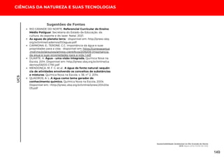 Sugestões de Fontes
CIÊNCIAS DA NATUREZA E SUAS TECNOLOGIAS
UC5
RIO GRANDE DO NORTE. Referencial Curricular do Ensino
Médio Potiguar. Secretaria do Estado da Educação, da
cultura, do esporte e do lazer. Natal, 2021.
As aguas do planeta terra - disponível em: http://qnesc.sbq.
org.br/online/cadernos/01/aguas.pdf
CARMONA, E.; TERONE, C.C. Importância da água e suas
propridades para a vida - disponível em: https://conexaoagua
.mpf.mp.br/arquivos/artigos-cientificos/2016/09-importancia-
da-agua-e-suas-propriedades-para-a-vida-1.pdf
DUARTE, H. Água - uma visão integrada. Química Nova na
Escola, 2014. Disponível em: http://qnesc.sbq.org.br/online/ca
dernos/08/03-CTN1.pdf
MENDONÇA, M. F. C; et al.. A água da fonte natural: sequên
cia de atividades envolvendo os conceitos de substâncias
e misturas. Química Nova na Escola, v. 36, nº 2, 2014.
QUADROS, A. L. A água como tema gerador do
conhecimento químico. Química Nova na Escola, 2004.
Disponível em: <http://qnesc.sbq.org.br/online/qnesc20/v20a
05.pdf
Sustentabilidade Ambiental no Rio Grande do Norte
UC5: Água como Fonte de Vida
149
 