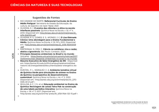 RIO GRANDE DO NORTE. Referencial Curricular do Ensino
Médio Potiguar. Secretaria do Estado da Educação, da
cultura, do esporte e do lazer. Natal, 2021.
OLIVEIRA, R. J. O ensino das ciências e a ética na escola:
Interfaces possíveis. Química Nova na Escola, v. 32, nº 4,
2010. Disponível em: http://qnesc.sbq.org.br/online/qnesc32_
4/04-EA0310.pdf
OLIVEIRA, R. S.; GOMES, E. S.; AFONSO, J. C. O Lixo Eletroele
trônico: Uma abordagem para o Ensino Fundamental e
Médio. Química Nova na Escola, V. 32, Nº4, 2010. Disponível
em: <http://qnesc.sbq.org.br/online/qnesc32_4/06-RSA10109
.pdf
PASTERNAK, N; ORSI, C. Ciência no cotidiano: viva a razão;
abaixo a ignorância. São Paulo: Contexto, 2020.
Principais Desastres ambientais no Brasil e no mundo -
Unicamp - https://www.unicamp.br/unicamp/ju/noticias/2017
/12/01/principais-desastres-ambientais-no-brasil-e-no-mundo
Resumo Executivo do Setor Energético do RN - Disponível
em: https://portal.ifrn.edu.br/ifrn/campus/natalcentral/obse
rvatorio-da-energia/lateral/documentos/setor-energetico-do-
rn
RÜNTZEL, P. L.; MARQUEZ, C. A. Ambiente temática virtual
de Química Verde para simulações de síntese no Ensino
de Química na perspectiva do desenvolvimento
sustentável. Química Nova na Escola, v. 44, nº 2, 2022.
Disponível em: <http://qnesc.sbq.org.br/online/qnesc44_2/10-
ODS-49-21.pdf >
WUILLDA, A. C. J. S.; et al. Educação ambiental no Ensino de
Química: Reciclagem de caixas Tetra Pak na construção
de uma tabela periódica interativa. Química Nova na
Escola, v. 39, nº 3, 2017. Disponível em:
http://qnesc.sbq.org.br/online/ qnesc39_3/08-RSA-120-15.pdf >
CIÊNCIAS DA NATUREZA E SUAS TECNOLOGIAS
UC6
Sugestões de Fontes
Sustentabilidade Ambiental no Rio Grande do Norte
UC6: O Meio Ambiente em uma Visão Físico-Químico
151
 