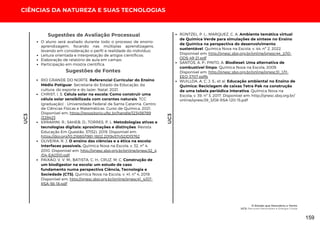 UC3
UC3
CIÊNCIAS DA NATUREZA E SUAS TECNOLOGIAS
Sugestões de Fontes
O aluno será avaliado durante todo o processo de ensino-
aprendizagem, focando nas múltiplas aprendizagens,
levando em consideração o perfil e realidade do indivíduo;
Leitura orientada e interpretação de artigos científicos;
Elaboração de relatório de aula em campo.
Participação em mostra científica.
Sugestões de Avaliação Processual
RIO GRANDE DO NORTE. Referencial Curricular do Ensino
Médio Potiguar. Secretaria do Estado da Educação, da
cultura, do esporte e do lazer. Natal, 2021.
CHRIST, I. S. Célula solar na escola: Como construir uma
célula solar sensibilizada com corantes naturais. TCC
(graduação) - Universidade Federal de Santa Catarina. Centro
de Ciências Físicas e Matemáticas. Curso de Química. 2021.
Disponível em: https://repositorio.ufsc.br/handle/123456789
/228423
ERRARINI, R.; SAHEB, D.; TORRES, P. L. Metodologias ativas e
tecnologias digitais: aproximações e distinções. Revista
Educação Em Questão, 57(52). 2019. Disponível em:
https://doi.org/10.21680/1981-1802.2019v57n52ID15762
OLIVEIRA, R. J. O ensino das ciências e a ética na escola:
Interfaces possíveis. Química Nova na Escola, v. 32, nº 4,
2010. Disponível em: http://qnesc.sbq.org.br/online/qnesc32_4
/04-EA0310.pdf
PAIXÃO, V. V. M.; BATISTA, C. H.; CRUZ, M, C. Construção de
um biodigestor na escola: um estudo de caso
fundamento numa perspectiva Ciência, Tecnologia e
Sociedade (CTS). Química Nova na Escola, v. 41, nº 4, 2019.
Disponível em: http://qnesc.sbq.org.br/online/qnesc41_4/07-
RSA-56-18.pdf
RÜNTZEL, P. L.; MARQUEZ, C. A. Ambiente temática virtual
de Química Verde para simulações de síntese no Ensino
de Química na perspectiva do desenvolvimento
sustentável. Química Nova na Escola, v. 44, nº 2, 2022.
Disponível em: http://qnesc.sbq.org.br/online/qnesc44_2/10-
ODS-49-21.pdf
SANTOS, A. P.; PINTO, A. Biodiesel: Uma alternativa de
combustível limpo. Química Nova na Escola, 2009.
Disponível em: http://qnesc.sbq.org.br/online/qnesc31_1/11-
EEQ-3707.pdfb
WUILLDA, A. C. J. S.; et al. Educação ambiental no Ensino de
Química: Reciclagem de caixas Tetra Pak na construção
de uma tabela periódica interativa. Química Nova na
Escola, v. 39, nº 3, 2017. Disponível em: http://qnesc.sbq.org.br/
online/qnesc39_3/08-RSA-120-15.pdf
O Estado que Descobriu o Vento
UC3: Recursos Renováveis e Energia Limpa
159
 