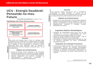 CIÊNCIAS DA NATUREZA E SUAS TECNOLOGIAS
O Estado que Descobriu o Vento
UC4: Energia Saudável: Pensando no meu Futuro
Módulo
2
UC4
UC4 - Energia Saudável:
Pensando no meu
Futuro
Habilidades dos Eixos Estruturantes:
Formação dos professores: Biologia e Física
Investigação Científica:
(EMIFCNT01); (EMIFCNT02);
(EMIFCNT03).
Processos Criativos:
(EMIFCNT04); (EMIFCNT05).
Mediação e Intervenção
Sociocultural:
(EMIFCNT07); (EMIFCNT08);
EMIFCNT09).
Empreendedorismo:
(EMIFCNT10); (EMIFCNT11).
São temas da interação entre a Física e a Biologia nesta
unidade curricular: demonstrar as transformações de energia,
desde a fusão nuclear no sol, sua emissão, a forma de radiação
e a chegada na Terra atravessando a atmosfera e sendo
absorvida pelos seres autótrofos. Além de abordar a
termodinâmica de forma integrada, começando pela 1ª lei da
termodinâmica.
Ementa
Módulo
1
Objetos do Conhecimento
Formas de energia; Fontes renováveis e não renováveis;
Problemas decorrentes da utilização de energia: migração
das aves, poluição sonora e visual, contaminação radioativa,
descarte inapropriado dos materiais, reciclagem e
reaproveitamento, aquecimento, queimadas e
desmatamento, inundação de ecossistemas;
Este segundo módulo preocupa-se com a transferência
energética na cadeia alimentar, as demais leis da
termodinâmica, tecendo um comparativo entre os seres vivos e
as máquinas térmicas, onde há perda na forma de calor.
Ementa
Objetos do Conhecimento
Energia para a vida: fotossíntese, quimiossíntese, respiração
aeróbica e fermentação; Fluxo de energia da matéria na
natureza; Transferência de energia entre seres vivos; Ciclos
biogeoquímicos; Anatomia e fisiologia humana;
Aproveitamento calórico.
O aluno será avaliado durante todo o processo de ensino-
aprendizagem, focando nas múltiplas aprendizagens
levando em consideração o perfil e realidade do indivíduo;
Produção de relatórios experimentais; Participação em
seminários; Elaboração de artigos; Desenvolvimento de
projetos.
Sugestões de Avaliação Processual
Utilização de metodologias ativas como: sala de aula
invertida, peer instruction (aprendizagem por pares),
gameficação, aprendizagem baseada em projetos;
Leitura de artigos científicos; Aulas de campo - visita ao
laboratório de anatomia de uma universidade;
Participação em práticas experimentais (extração de óleo
de mamona, destilação de álcool, compostagem,
biodigestor); Oficinas.
Sugestões Didático-Metodológicas
160
 
