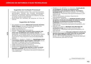 UC5
UC5
CIÊNCIAS DA NATUREZA E SUAS TECNOLOGIAS
Sugestões de Fontes
RIO GRANDE DO NORTE. Referencial Curricular do Ensino
Médio Potiguar. Secretaria do Estado da Educação, da
cultura, do esporte e do lazer. Natal, 2021.
ANEEL http://aneel.gov.br
ANVISA https://www.gov.br/anvisa/pt-br
CHRIST, I. S. Célula solar na escola: Como construir uma
célula solar sensibilizada com corantes naturais. TCC
(graduação) - Universidade Federal de Santa Catarina. Centro
de Ciências Físicas e Matemáticas. Curso de Química. 2021.
Disponível em: https://repositorio.ufsc.br/handle/123456789
/228423
FERRARINI, R.; SAHEB, D.; TORRES, P. L. Metodologias ativas
e tecnologias digitais: aproximações e distinções. Revista
Educação Em Questão, 57(52). 2019. Disponível em:
https://doi.org/10.21680/1981-1802.2019v57n52ID15762
ICMBio (https://www.gov.br/icmbio/pt-br)
IDEMA (https://sistemas.idema.rn.gov.br/servicos/)
OLIVEIRA, R. J. O ensino das ciências e a ética na escola:
Interfaces possíveis. Química Nova na Escola, v. 32, nº 4,
2010. Disponível em: <http://qnesc.sbq.org.br/online/qnesc32
_4/04-EA0310.pdf
O aluno será avaliado durante todo o processo de ensino-
aprendizagem, focando nas múltiplas aprendizagens
levando em consideração o perfil e realidade do indivíduo;
Produção de seminários; Elaboração de relatórios de aulas
de campo e práticas experimentais;
Apresentação dos resultados das pesquisas em feiras de
ciências.
Sugestões de Avaliação Processual
PAIXÃO, V. V. M.; BATISTA, C. H.; CRUZ, M, C. Construção de
um biodigestor na escola: um estudo de caso
fundamento numa perspectiva Ciência, Tecnologia e
Sociedade (CTS). Química Nova na Escola, v. 41, nº 4, 2019.
Disponível em: <http://qnesc.sbq.org.br/online/qnesc41_4/07-
RSA-56-18.pdf
PORTAL das energias renováveis. Disponível em:
www.energiasrenovaveis.
RÜNTZEL, P. L.; MARQUEZ, C. A. Ambiente temática virtual
de Química Verde para simulações de síntese no Ensino
de Química na perspectiva do desenvolvimento
sustentável. Química Nova na Escola, v. 44, nº 2, 2022.
Disponível em: <http://qnesc.sbq.org.br/online/qnesc44_2/10-
ODS-49-21.pdf
SANTOS, A. P.; PINTO, A. Biosiesel: Uma alternativa de
combustível limpo. Química Nova na Escola, 2009.
Disponível em: <http://qnesc.sbq.org.br/online/qnesc31_1/11-
EEQ-3707.pdf
WUILLDA, A. C. J. S.; et al. Educação ambiental no Ensino de
Química: Reciclagem de caixas Tetra Pak na construção
de uma tabela periódica interativa. Química Nova na
Escola, v. 39, nº 3, 2017. Disponível em: http://qnesc.sbq.org.br
/online/qnesc39_3/08-RSA-120-15.pdf
O Estado que Descobriu o Vento
UC5: O Lixo de uns é a Energia de Outros
163
 