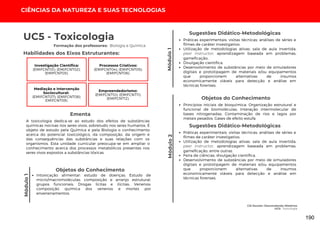 CIÊNCIAS DA NATUREZA E SUAS TECNOLOGIAS
Módulo
1
CSI Escolar: Desvendando Mistérios
UC5: Toxicologia
Módulo
1
Módulo
2
UC5 - Toxicologia
Habilidades dos Eixos Estruturantes:
Formação dos professores: Biologia e Química
Investigação Científica:
(EMIFCNT01); (EMIFCNT02);
(EMIFCNT03).
Processos Criativos:
(EMIFCNT04); (EMIFCNT05);
(EMIFCNT06).
Mediação e Intervenção
Sociocultural:
(EMIFCNT07); (EMIFCNT08);
EMIFCNT09).
Empreendedorismo:
(EMIFCNT10); (EMIFCNT11);
(EMIFCNT12).
A toxicologia dedica-se ao estudo dos efeitos de substâncias
químicas nocivas nos seres vivos, sobretudo nos seres humanos. É
objeto de estudo pela Química e pela Biologia o conhecimento
acerca do potencial toxicológico, da composição, da origem e
das consequências das substâncias e suas relações com os
organismos. Esta unidade curricular preocupa-se em ampliar o
conhecimento acerca dos processos metabólicos presentes nos
seres vivos expostos a substâncias tóxicas.
Ementa
Objetos do Conhecimento
Intoxicação alimentar: estudo de doenças; Estudo de
micro/macromoléculas: composição e arranjo estrutural,
grupos funcionais; Drogas lícitas e ilícitas; Venenos:
composição química dos venenos e mortes por
envenenamentos.
Práticas experimentais; visitas técnicas; análises de séries e
filmes de caráter investigativo;
Utilização de metodologias ativas: sala de aula invertida,
peer instructor, aprendizagem baseada em problemas,
gameficação;
Divulgação científica.
Desenvolvimento de substâncias por meio de simuladores
digitais e prototipagem de materiais e/ou equipamentos
que proporcionem alternativas de insumos
economicamente viáveis para detecção e análise em
técnicas forenses.
Sugestões Didático-Metodológicas
Objetos do Conhecimento
Princípios iniciais de bioquímica; Organização estrutural e
funcional de biomoléculas; Interação intermolecular de
bases nitrogenadas; Contaminação de rios e lagos por
metais pesados; Gases de efeito estufa.
Práticas experimentais; visitas técnicas; análises de séries e
filmes de caráter investigativo,
Utilização de metodologias ativas: sala de aula invertida,
peer instructor, aprendizagem baseada em problemas,
gameficação, entre outras.
Feira de ciências, divulgação científica.
Desenvolvimento de substâncias por meio de simuladores
digitais e prototipagem de materiais e/ou equipamentos
que proporcionem alternativas de insumos
economicamente viáveis para detecção e análise em
técnicas forenses.
Sugestões Didático-Metodológicas
190
 