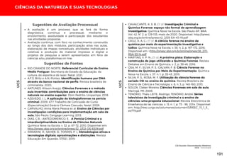 UC5
CIÊNCIAS DA NATUREZA E SUAS TECNOLOGIAS
UC5
Sugestões de Fontes
CAVALCANTE, K. S. B; Et al. Investigação Criminal e
Química Forense: espaço não formal de aprendizagem
investigativa. Química Nova na Escola. São Paulo-SP, BRA.
Vol. 42, N° 2, p. 129-135, maio de 2020. Disponível: http://qnesc.
sbq.org.br/online/qnesc42_2/05-EA-40-19.pdf
CRUZ, A. A. C.; Et al. A ciência forense no ensino de
química por meio da experimentação investigativa e
lúdica. Química Nova na Escola, v. 38, n. 2, p. 167-172, 2016.
Disponível em: <http://qnesc.sbq.org.br/online/qnesc38_2/11-
RSA-53-14.pdf
MARTINS, V. P. N.; Et al. A próxima pista: Elaboração e
construção de jogo utilizando a Química Forense. Revista
Debates em Ensino de Química, v. 2, p. 39-46, 2016.
OSA, M. F.; SILVA, P. S.; GALVAN, F. B. Ciência Forense no
Ensino de Química por Meio da Experimentação. Química
Nova na Escola, v. 37, n. 1, p. 35-43, 2015.
SILVA, P. S.; ROSA, M. F. Utilização da ciência forense do
seriado CSI no ensino de química. Revista Brasileira de
Ensino de Ciência e Tecnologia, v. 6, n. 3, p. 148-160, 2013.
SOUZA, Cleber Moreira. Ciências Forenses em sala de aula.
Maringá, PR, 2008.
TENÓRIO, Thaís; LEITE, Rodrigo; TENÓRIO, André. Séries
televisivas de investigação criminal e o ensino de
ciências: uma proposta educacional. Revista Electrónica de
Enseñanza de las ciencias, v. 13, n. 1, p. 73 - 96, 2014. Disponível
em: http://reec.uvigo.es/volumenes/volumen13/REEC_13_1_5_
ex779.pdf
A avaliação é um processo que se fará de forma
diagnóstica, contínua e processual, mediante o
envolvimento, assiduidade e participação dos estudantes
nas atividades propostas.
Avaliação contínua, com foco no conhecimento construído
ao longo dos dois módulos, participação ativa nas aulas,
elaboração de mapas conceituais, atividades individuais e
coletivas e produção de material impresso e digital e
projetos de pesquisa a serem apresentados em feira de
ciências e/ou plataformas on-line.
Sugestões de Avaliação Processual
RIO GRANDE DO NORTE. Referencial Curricular do Ensino
Médio Potiguar. Secretaria do Estado da Educação, da
cultura, do esporte e do lazer. Natal, 2021.
A.F.S. Brito e A.N. Pontes. Identificação humana por DNA
através do banco nacional de perfis. Revista brasileira de
criminalista, 2020.
ANTUNES, Alisson Araújo. Ciências Forenses e o método
aula invertida: contribuições para o ensino de ciências
naturais no ensino superior. Dom Pedrito: Unipampa, 2018.
AZEVEDO, I. L. A aplicação da biologiaforense na perícia
criminal. 2009, 47 f. Trabalho de Conclusão de Curso
(Especialização) Estácio Câmara Cascudo, Natal, 2009.
CARVALHO, Anna Maria Pessoa et al. Ensino de Ciências por
investigação: condições para implementação em sala de
aula. São Paulo: Cengage Learning, 2013.
DIAS, C.R. ; ANTEDOMENICO, E. . A Perícia Criminal e a
Interdisciplinaridade no Ensino de Ciências Naturais.
Química Nova na Escola, v. 32, p. 67-72, 2010. Disponível em:
http://qnesc.sbq.org.br/online/qnesc32_2/02-QS-6309.pdf
ERRARINI, R.; SAHEB, D.; TORRES, P. L. Metodologias ativas e
tecnologias digitais: aproximações e distinções. Revista
Educação Em Questão, 57(52). 2019.
CSI Escolar: Desvendando Mistérios
UC5: Toxicologia
191
 