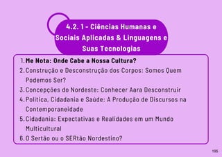 4.2. 1 - Ciências Humanas e
Sociais Aplicadas & Linguagens e
Suas Tecnologias
Me Nota: Onde Cabe a Nossa Cultura?
Construção e Desconstrução dos Corpos: Somos Quem
Podemos Ser?
Concepções do Nordeste: Conhecer Aara Desconstruir
Política, Cidadania e Saúde: A Produção de Discursos na
Contemporaneidade
Cidadania: Expectativas e Realidades em um Mundo
Multicultural
O Sertão ou o SERtão Nordestino?
1.
2.
3.
4.
5.
6.
195
 