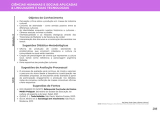 CIÊNCIAS HUMANAS E SOCIAIS APLICADAS
& LINGUAGENS E SUAS TECNOLOGIAS
Módulo
2
Oficina de produção de cordel, abordando as
problemáticas que envolvam cidadania e cultura na
comunidade na qual estão inseridos;
Criação de personagem de tirinha que represente a cultura
local, tendo como referência a personagem argentina
Mafalda;
Feira expositiva das produções culturais.
Sugestões Didático-Metodológicas
UC6
Sugestões de Avaliação Processual
O processo de avaliação será continuo, de modo a valorizar
o percurso do aluno desde a frequência à participação nas
atividades propostas. Os estudantes serão avaliados a partir
da participação, engajamento e produção nos debates,
rodas de conversa, confecção de mapas conceitual, oficinas
e feira expositiva.
Sugestões de Fontes
RIO GRANDE DO NORTE. Referencial Curricular do Ensino
Médio Potiguar. Secretaria do Estado da Educação, da
cultura, do esporte e do lazer. Natal, 2021.
QUINO, J. L. Toda Mafalda. São Paulo: Martins Fontes, 2003.
SILVA, Afrânio et al. Sociologia em movimento. São Paulo:
Moderna, 2013.
Objetos do Conhecimento
Percepção crítica sobre a produção em massa da indústria
cultural;
Conceito de alteridade – como sentido positivo entre as
diferenças culturais;
As Identidades enquanto sujeitos históricos e culturais; •
Gêneros textuais: tirinhas e cordéis;
Intertextualidade e as relações dialógicas através das
“historietas de Mafalda” e da literatura de cordel;
Interpretação dos discursos e a construção dos sentidos nos
textos.
Me Nota: Onde Cabe a Nossa Cultura?
UC6: Mafalda Potiguar: Uma Aventura Pelos Mundos das Tirinhas e do Cordel
208
 