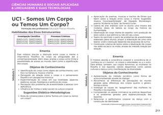 Módulo
1
Construção e Desconstrução dos Corpos: Somos Quem Podemos Ser?
UC1: Somos um Corpo ou Temos um Corpo?
Módulo
1
Formação dos professores: Educação Física e Filosofia
Este módulo discute a distinção entre corpo e mente a
importância filosófica do corpo da antiguidade até a
contemporaneidade. Além disso, analisa o corpo como limite e
possibilidade de acesso ao mundo, bem como a objetificação
dos corpos.
Ementa
Objetos do Conhecimento
Identificação do corpo como objeto de conhecimento, com
foco na literatura, música, cinema;
Percepção da relação entre o corpo e o pensamento
filosófico em perspectiva histórica;
Experimentação do corpo em sua totalidade: aspectos
estéticos, sociais, fisiológicos e políticos do corpo;
Percepção dos problemas de acessibilidade a pessoas com
deficiência;
Influência de mídias e redes sociais na cultura corporal.
Roda de conversa sobre o tema "Somos um corpo ou temos
um corpo?"
Sugestões Didático-Metodológicas
Habilidades dos Eixos Estruturantes:
UC1 - Somos Um Corpo
ou Temos Um Corpo?
CIÊNCIAS HUMANAS E SOCIAIS APLICADAS
& LINGUAGENS E SUAS TECNOLOGIAS
Investigação Científica:
(EMIFCHSA01)
(EMIFCHSA02)
(EMIFCHSA03)
(EMIFLGG01)
(EMIFLGG02)
(EMIFLGG03)
Processos Criativos:
(EMIFCHSA04)
(EMIFCHSA05)
(EMIFCHSA06)
(EMIFLGG04)
(EMIFLGG05)
(EMIFLGG06)
O módulo aborda a consciência corporal e consciência de si:
"conheça-te a ti mesmo"; os corpos e alteridades: eu e o outro.
Dará ênfase, também, aos corpos femininos: as mulheres na
filosofia e nos esportes; valores desportivos como valores
culturais e dança como manifestação da diversidade.
Ementa
Módulo
2
Apreciação de poemas, músicas e trechos de filmes que
falem sobre a relação entre corpo e mente. Sugestões:
música "Incompatibilidade", de Oswaldo Montenegro;
poema "Acidente na Sala", de Ferreira Gullar;
Galeria de arte: elaborar com os alunos uma mostra dos
modelos ideais de beleza ao longo da história da
humanidade;
Observação do corpo diante do espelho, com produção de
texto sobre o que admira ou não em seu corpo;
Teatro do oprimido: a partir de problemas de acessibilidade
elaborado pelos alunos, propor a elaboração de uma cena
teatral, onde a resolução dependa das propostas da turma;
Construção coletiva de textos sobre a idealização de corpos
nas redes sociais e na mídia, através do método rotação por
estação.
Objetos do Conhecimento
Apresentação do método socrático como forma de
autocompreensão através do diálogo;
Reconhecer as diferenças de percepções do mundo
geradas pelas diferenças dos corpos quanto a gênero,
biotipo e etnia;
Investigar as causas do "apagamento" das mulheres na
filosofia e nos esportes;
Compreender os valores intrínsecos às práticas desportivas
e os problemas gerados pela espetacularização dos
esportes;
Relacionar a performance corporal da dança com a
construção da identidade.
211
 