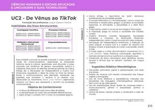Módulo
1
Módulo
1
Formação dos professores: Língua Inglesa e História
Essa unidade curricular se propõe a estudar o corpo a partir da
noção de multiculturalismo, observando as dimensões
histórica, social e cultural. Igualmente, será discutido o corpo
ancorado nas temáticas de gênero, sexualidade, política e
cidadania. Para tanto, as referidas temáticas partirão da Grécia
Antiga até a Declaração de Independência e Guerra Civil
Americana, estudando o ideal de corpo na linha do tempo.
Ainda, o multiculturalismo será abordado, sobretudo nas
questões que envolvem o racismo e os direitos civis,
destacando os movimento Black Lives Matters objetivando
construir um léxico que represente o racismo na sociedade
contemporânea.
Ementa
Objetos do Conhecimento
A Vênus de Willendorf vista como ideal de beleza;
A representação do corpo nas sociedades Mediterrânicas;
Egito antigo: o cuidado com o corpo na sociedade egípcia;
Grécia Antiga: o nascimento da "polis", estruturas
fundamentais da sociedade políade;
O mundo helenístico e a "mundialização"; como o corpo era
entendido e tratado pelos gregos, os ginásios, as atividades
esportivas, as divindades, a sexualidade e o ideal físico
grego;
O Narcisismo ontem e na era da tecnologia e informação;
A inspiração grega na cultura e sociedade dos Estados
Unidos;
Império Romano, Grandes Navegações, Sociedades
Européias e Coloniais, as Revoluções Modernas,
Independências: como o corpo era visto em cada contexto;
Declaração de Independência Americana: a tradução do
texto original, a Guerra Civil e a origem do racismo nos
Estados Unidos; A exploração do corpo: a escravidão ontem
e hoje;
O corpo negro e o olhar discriminatório: movimento Black
Lives Matters, raízes históricas (colonização, apartheid e
restrição sócioeconomica e política) e a situação atual;
Construção de léxico (dicionário) para identificar termos
racistas e termos que os refutem, também, em Lingua
Inglesa;
Habilidades dos Eixos Estruturantes:
UC2 - De Vênus ao TikTok
CIÊNCIAS HUMANAS E SOCIAIS APLICADAS
& LINGUAGENS E SUAS TECNOLOGIAS
Investigação Científica:
(EMIFCHSA01)
(EMIFCHSA02)
(EMIFLGG01)
(EMIFLGG02)
Processos Criativos:
(EMIFCHSA04)
(EMIFCHSA05)
(EMIFCHSA06)
(EMIFLGG04)
(EMIFLGG05)
(EMIFLGG06)
Mediação e Intervenção
Sociocultural:
(EMIFCHSA07)
(EMIFCHSA08)
(EMIFCHSA09)
(EMIFLGG07)
(EMIFLGG08)
(EMIFLGG09)
Empreendedorismo:
(EMIFCHSA10)
(EMIFLGG10)
Discussões, seminários, jograis e apresentações com base
nos temas;
Análise de músicas com estudo comparativo das línguas
inglesa e portuguesa;
Uso de livros didáticos e paradidáticos; Inserções dos
estudantes nas linguagens cinematográficas, televisivas,
bem como as de vídeo games;
Uso de metodologias ativas; Rodas de conversas sobre o
multiculturalismo, gênero e sexualidade, política e
cidadania;
Leitura de textos, visando ampliar o vocabulário e visão de
mundo.
Sugestões Didático-Metodológicas
Construção e Desconstrução dos Corpos: Somos Quem Podemos Ser?
UC2: De Vênus ao TikTok
213
 