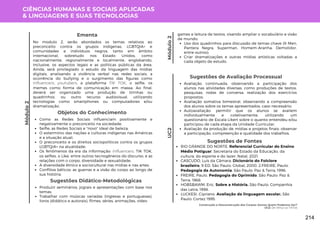 CIÊNCIAS HUMANAS E SOCIAIS APLICADAS
& LINGUAGENS E SUAS TECNOLOGIAS
No modulo 2, serão abordados os temas relativos ao
preconceito contra os grupos indigenas, LGBTQIA+ e
comunidades e indivíduos negros, tanto em âmbito
internacional, sobretudo nos Estado Unidos, como
nacionalmente, regionalmente e localmente, englobando,
inclusive, os aspectos legais e as políticas públicas da área.
Ainda, será privilegiado o estudo da linguagem das mídias
digitais, analisando a violência verbal nas redes sociais, a
ocorrência do bullying e o surgimento das figuras como
influencers, youtubers, a plataforma TIK TOK, o selfie, os
memes como forma de comunicação em massa. Ao final,
deverá ser organizado uma produção de tirinhas ou
quadrinhos, ou outro recurso audiovisual, utilizando
tecnologias como smartphones ou computadores e/ou
dramatização.
Objetos do Conhecimento
Como as Redes Sociais influenciam positivamente e
negativamente o preconceito na sociedade;
Selfie, as Redes Sociais e "novo" ideal de beleza;
O extermínio das nações e culturas indígenas nas Américas
e a situação atual;
O preconceito e os direitos sociopolíticos contra os grupos
LGBTQIA+ na atualidade;
Os fenômenos da era da informação: Influencers, TIK TOK,
os selfies, o Like, entre outros tecnogêneros do discurso, e as
relações com o corpo, diversidade e sexualidade;
A diversidade étnico e sociocultural nas mídias e nas artes;
Conflitos bélicos: as guerras e a visão do corpo ao longo de
sua história.
Módulo
2
UC2
Avaliação continuada, observando a participação dos
alunos nas atividades diversas, como produções de textos,
pesquisas, rodas de conversa, realização dos exercícios
propostos;
Avaliação somativa bimestral, observando a compreensão
dos alunos sobre os temas apresentados, caso necessário;
Autoavaliação: permitir que os alunos se avaliem
individualmente e coletivamente, utilizando um
questionário de Escala Likert sobre o quanto entendeu e/ou
participou de cada etapa da Unidade Curricular;
Avaliação da produção de mídias e projetos finais: observar
a participação, compreenção e qualidade dos trabalhos.
Sugestões de Avaliação Processual
Sugestões Didático-Metodológicas
Produzir seminários, jograis e apresentações com base nos
temas;
Trabalhar com músicas variadas (inglesas e portuguesas),
livros (didático e autorais), filmes, séries, animações, vídeo
Sugestões de Fontes
RIO GRANDE DO NORTE. Referencial Curricular do Ensino
Médio Potiguar. Secretaria do Estado da Educação, da
cultura, do esporte e do lazer. Natal, 2021.
CASCUDO, Luís da Câmara. Dicionário do Folclore
brasileiro, 9 ED. São Paulo: Global, 2000. 2.FREIRE, Paulo.
Pedagogia da Autonomia. São Paulo: Paz & Terra, 1996.
FREIRE, Paulo. Pedagogia do Oprimido. São Paulo: Paz &
Terra, 1968.
HOBSBAWM, Eric. Sobre a História. São Paulo: Companhia
das Letra, 1998.
LUCKESI, Cipriano. Avaliação da linguagem escolar. São
Paulo: Cortez 1995.
Construção e Desconstrução dos Corpos: Somos Quem Podemos Ser?
UC2: De Vênus ao TikTok
Ementa
Uso dos quadrinhos para discussão de temas chave (X-Men,
Pantera Negra, Superman, Homem-Aranha, Demolidor,
entre outros);
Criar dramatizações e outras mídias artísticas voltadas a
cada objeto de estudo.
games e leitura de textos, visando ampliar o vocabulário e visão
de mundo;
Módulo
2
214
 