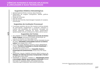 CIÊNCIAS HUMANAS E SOCIAIS APLICADAS
& LINGUAGENS E SUAS TECNOLOGIAS
Apresentação de filmes, músicas, obras literárias;
Observação de imagens cartográficas, tabelas, gráficos,
dentre outros;
Rodas de Conversas;
Aula de campo;
Sala de aula invertida. Aprendizagem baseada em projetos.
Gamificação.
Sugestões Didático-Metodológicas
UC3
Sugestões de Avaliação Processual
O processo avaliativo dar-se-á de maneira contínua através
da participação, engajamento e produção individual e
coletiva dos estudantes em seminários, discussão nos
grupos, pesquisas, produção de textos, questionários,
apresentações culturais, produção de vídeos, dentre outros.
Sugestões de Fontes
RIO GRANDE DO NORTE. Referencial Curricular do Ensino
Médio Potiguar. Secretaria do Estado da Educação, da
cultura, do esporte e do lazer. Natal, 2021.
LIMA, Emanuael Fonseca; WATSON, Carmen Soledade Aurazo
de (Orgs.). Identidade e Diversidade Cultural na América
Latina. Porto Alegre, RS: Fi, 2017.
LUCCI, Elian Alabi; BRANCO, Anselmo Lázaro; MENDONÇA,
Cláudio. Território e Sociedade no Mundo Globalizado. 3.
ed. São Paulo: Saraiva, 2016.
MARTINS, fernanda Pereira et al. Geografia, Ensino e
Construção de Conhecimentos. Ponta Grssa, PR: Atena,
2021.
VICENTINO, Cláudio; CAMPOS, Eduardo; SENE, Eustáquio de.
Diálogos em Ciências Humanas: Compreender o Mundo. 1
ed. São Paulo: Ática, 2020.
FERRARINI, R.; SAHEB, D.; TORRES, P. L. Metodologias ativas
e tecnologias digitais: aproximações e distinções. Revista
Educação Em Questão, 57(52). 2019. Disponível em:
https://doi.org/10.21680/1981-1802.2019v57n52ID15762
Construção e Desconstrução dos Corpos: Somos Quem Podemos Ser?
UC3: Das Raízes Latino-Americanas aos Galhos Potiguares
217
 