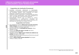 CIÊNCIAS HUMANAS E SOCIAIS APLICADAS
& LINGUAGENS E SUAS TECNOLOGIAS
UC6
Sugestões de Avaliação Processual
Avaliação continuada, observando a participação,
engajamento e produções individuais e coletivas dos alunos
nas atividades diversas, como produções de textos,
pesquisas e realização dos exercícios propostos;
Avaliação somativa, observando a compreensão dos alunos
sobre os temas apresentados, como parte integrante da
nota - sem poder ser a única forma de avaliação;
Autoavaliação: permitir que os alunos se avaliem
individualmente e coletivamente, utilizando um
questionário de Escala Likert sobre o quanto entendeu e/ou
participou de cada etapa da Unidade Curricular.
Sugestões de Fontes
RIO GRANDE DO NORTE. Referencial Curricular do Ensino
Médio Potiguar. Secretaria do Estado da Educação, da
cultura, do esporte e do lazer. Natal, 2021.
BAUDRILLARD, Jean. A sociedade de consumo. Lisboa:
Edições 70, 2007.
COUTO, Mia. Antes de nascer o mundo. São Paulo:
Companhia das Letras, 2009.
FOUCAULT, Michel. Vigiar e punir: história da violência nas
prisões. Petrópolis: Vozes, 2007
https://www.ufsj.edu.br/portal2repositorio/File/centrocultural/f
oucault_vigiar_punir.pdf
GAYA, A. Será o corpo humano obsoleto? Sociologias.
UFRGS, 13, 2005, p. 324-337.
Construção e Desconstrução dos Corpos: Somos Quem Podemos Ser?
UC6: O Corpo Fala ou Falam Sobre o Corpo?
223
 