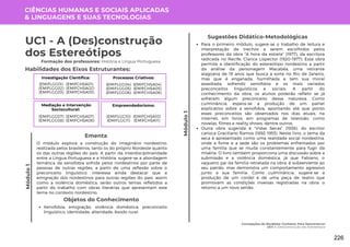 Módulo
1
Concepções do Nordeste: Conhecer Para Desconstruir
UC1: A (Des)construção dos Estereótipos
Módulo
1
Formação dos professores: História e Língua Portuguesa
O módulo explora a construção do imaginário nordestino,
realizada pelos brasileiros, tanto os do próprio Nordeste quanto
os das outras regiões do país. A partir da interdisciplinaridade
entre a Língua Portuguesa e a História, sugere-se a abordagem
temática da xenofobia sofrida pelos nordestinos por parte de
pessoas de outras regiões, a partir de uma reflexão sobre o
preconceito linguístico. Interessa ainda destacar que a
emigração dos nordestinos para outras regiões do país, assim
como a violência doméstica, serão outros temas refletidos a
partir do trabalho com obras literárias que apresentam este
tema no contexto nordestino.
Ementa
Objetos do Conhecimento
Xenofobia; emigração; violência doméstica; preconceito
linguístico; identidade; alteridade; êxodo rural.
Para o primeiro módulo, sugere-se o trabalho de leitura e
interpretação de trechos a serem escolhidos pelos
professores da obra "A hora da estrela" (1977), da escritora
radicada no Recife, Clarice Lispector (1920-1977). Essa obra
permite a identificação do estereótipo nordestino a partir
da análise da personagem Macabéa, uma retirante
alagoana de 19 anos que busca a sorte no Rio de Janeiro,
mas que é enganada, humilhada e tem sua moral
assediada, sofrendo xenofobia e os mais variados
preconceitos linguísticos e sociais. A partir do
conhecimento da obra, os alunos poderão refletir se já
sofreram algum preconceito dessa natureza. Como
culminância, espera-se a produção de um painel
explicativo sobre a xenofobia, apontando até que ponto
esses preconceitos são observados nos dias atuais, na
internet, em livros, em programas de televisão, como
novelas, filmes e reality shows, dentre outros.
Outra obra sugerida é "Vidas Secas" (1938), do escritor
carioca Graciliano Ramos (1892-1953). Neste livro, o tema da
seca é apresentado como uma realidade social nordestina,
onde a fome e a sede são os problemas enfrentados por
uma família que se muda constantemente para fugir da
miséria. O livro também proporciona uma discussão sobre a
submissão e a violência doméstica, já que Fabiano, o
vaqueiro pai da família retratada na obra, é subserviente ao
seu patrão, mas demonstra um comportamento agressivo
junto a sua família. Como culminância, sugere-se a
produção de um cordel e de uma peça de teatro que
promovam as condições inversas registradas na obra: o
retorno a um novo sertão.
Sugestões Didático-Metodológicas
Habilidades dos Eixos Estruturantes:
UC1 - A (Des)construção
dos Estereótipos
CIÊNCIAS HUMANAS E SOCIAIS APLICADAS
& LINGUAGENS E SUAS TECNOLOGIAS
Investigação Científica:
(EMIFCHSA01)
(EMIFCHSA02)
(EMIFCHSA03)
(EMIFLGG01)
(EMIFLGG02)
(EMIFLGG03)
Processos Criativos:
(EMIFCHSA04)
(EMIFCHSA05)
(EMIFCHSA06)
(EMIFLGG04)
(EMIFLGG05)
(EMIFLGG06)
Mediação e Intervenção
Sociocultural:
(EMIFCHSA07)
(EMIFCHSA08)
(EMIFLGG07)
(EMIFLGG08)
Empreendedorismo:
(EMIFCHSA10)
(EMIFCHSA11)
(EMIFLGG10)
(EMIFLGG11)
226
 