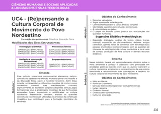 Módulo
1
Módulo
1
UC4 - (Re)pensando a
Cultura Corporal de
Movimento do Povo
Nordestino
Formação dos professores: Filosofia e Educação Física
Esse módulo intenciona contextualizar elementos teórico-
conceituais baseado na reflexão multidisciplinar da Filosofia e
da Educação Física sobre o nordeste brasileiro. Além disso,
propõe compreender as diferentes maneiras de como o povo
nordestino constrói suas manifestações culturais,
especialmente, as atividades corporais (esportes, danças, jogos,
brincadeiras, lutas e ginásticas) e investigar de que forma essas
expressões foram produzidas e solidificadas na cultura
nordestina. Pretende-se, também, analisar as questões
conceituais e contextuais utilizadas no processo da construção
imagética que contribuem para a formação identitária do
sertanejo.
Ementa
Exposição dialogada, análise de textos, vídeos (cenas,
roteiros), exposição de documentários, debates, artigos
científicos, games, rodas de conversas com sertanejos e/ou
pessoas envolvidas e compromissadas com as questões de
interesse da valorização da cultura nordestina e local, aula
de campo, produção de feira cultural e demais recursos
didáticos.
Sugestões Didático-Metodológicas
Habilidades dos Eixos Estruturantes:
CIÊNCIAS HUMANAS E SOCIAIS APLICADAS
& LINGUAGENS E SUAS TECNOLOGIAS
Investigação Científica:
(EMIFCHSA01)
(EMIFCHSA02)
(EMIFCHSA03)
(EMIFLGG01)
(EMIFLGG02)
(EMIFLGG03)
Processos Criativos:
(EMIFCHSA04)
(EMIFCHSA05)
(EMIFCHSA06)
(EMIFLGG04)
(EMIFLGG05)
(EMIFLGG06)
Mediação e Intervenção
Sociocultural:
(EMIFCHSA07)
(EMIFCHSA08)
(EMIFCHSA09)
(EMIFLGG07)
(EMIFLGG08)
(EMIFLGG09)
Empreendedorismo:
(EMIFCHSA10)
(EMIFCHSA11)
(EMIFLGG10)
(EMIFLGG11)
Concepções do Nordeste: Conhecer Para Desconstruir
UC4: (Re)pensando a Cultura Corporal de Movimento do Povo Nordestino
Objetos do Conhecimento
Esportes: vaquejada;
Jogos: queimada, bola de gude;
Conhecimentos sobre o corpo: Postura corporal; -
Identidade: questões conceituais e contextuais;
A colonialidade do saber;
O papel da filosofia como prática das elucidações das
questões humanas.
Módulo
2
Nesse módulo, haverá um aprofundamento didático sobre o
meio ambiente e política e cidadania com prioridade em
atividades práticas fazendo com que os alunos vivenciem a
cultura nordestina, ampliando o conhecimento da sua própria
identidade e reconstruindo suas concepções a respeito da
cultura corporal de movimento do povo nordestino.
Ementa
Objetos do Conhecimento
Meio ambiente;
Política e Cidadania;
Danças: festividades regionais e danças folclóricas;
Lutas: capoeira;
Ginástica laboral;
Diversidade e conhecimento;
Cultura e educação.
232
 
