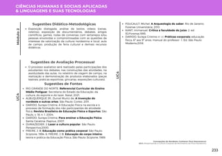 CIÊNCIAS HUMANAS E SOCIAIS APLICADAS
& LINGUAGENS E SUAS TECNOLOGIAS
Módulo
2
UC4
Exposição dialogada, análise de textos, vídeos (cenas,
roteiros), exposição de documentários, debates, artigos
científicos, games, rodas de conversas com sertanejos e/ou
pessoas envolvidas e compromissadas com as questões de
interesse da valorização da cultura nordestina e local, aula
de campo, produção de feira cultural e demais recursos
didáticos.
Sugestões Didático-Metodológicas
UC4
Sugestões de Avaliação Processual
O processo avaliativo será realizado pelas participações dos
estudantes nos debates, nas construções das atividades, na
assiduidade das aulas, no relatório de viagem de campo, na
realização e demonstração de produtos elaborados (peças
teatrais, práticas esportivas, gincanas, exposições culturais).
Sugestões de Fontes
RIO GRANDE DO NORTE. Referencial Curricular do Ensino
Médio Potiguar. Secretaria do Estado da Educação, da
cultura, do esporte e do lazer. Natal, 2021.
ALBUQUERQUE JR., Durval Muniz de. A Invenção do
nordeste e outras artes. São Paulo: Cortez, 2011.
DARIDO, Suraya Cristina. A Educação Física na escola e o
processo de formação dos não participantes de atividade
física. Revista Brasileira de Educação Física e Esportes. São
Paulo, v. 18, n. 1, 2004.
DARIDO, Suraya Cristina. Para ensinar a Educação Física.
Santa Ceratina: Papirus, 2007.
DUMAZEDIER, J. Lazer e cultura popular. São Paulo:
Perspectiva,2000.
FREIRE, J. B. Educação como prática corporal. São Paulo:
Scipione, 1994. 6. FREIRE, J. B. Educação de corpo inteiro:
teoria e prática da Educação Física. São Paulo: Scipione, 1989.
FOUCAULT, Michel. A Arqueologia do saber. Rio de Janeiro:
Forense Universitária, 2013.
KANT, Immanuel. Crítica a faculdade do juízo. 2. ed.
RJ:Forense,1995.
DARIDO, Suraya Cristina et al. Práticas corporais: educação
física: 6º aos 9º anos: manual do professor -1. Ed.-São Paulo:
Moderns,2018.
Concepções do Nordeste: Conhecer Para Desconstruir
UC4: (Re)pensando a Cultura Corporal de Movimento do Povo Nordestino
233
 
