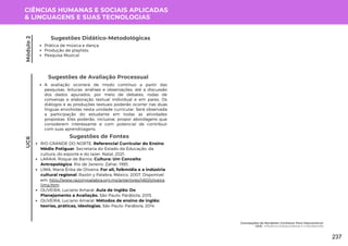 CIÊNCIAS HUMANAS E SOCIAIS APLICADAS
& LINGUAGENS E SUAS TECNOLOGIAS
Módulo
2
Prática de música e dança;
Produção de playlists;
Pesquisa Musical.
Sugestões Didático-Metodológicas
UC6
Sugestões de Avaliação Processual
A avaliação ocorrerá de modo contínuo a partir das
pesquisas, leituras, análises e observações, até a discussão
dos dados apurados, por meio de debates, rodas de
conversas e elaboração textual individual e em pares. Os
diálogos e as produções textuais poderão ocorrer nas duas
línguas envolvidas nesta unidade curricular. Será observada
a participação do estudante em todas as atividades
propostas. Eles poderão, inclusive, propor abordagens que
considerem interessante e com potencial de contribuir
com suas aprendizagens.
Sugestões de Fontes
RIO GRANDE DO NORTE. Referencial Curricular do Ensino
Médio Potiguar. Secretaria do Estado da Educação, da
cultura, do esporte e do lazer. Natal, 2021.
LARAIA, Roque de Barros. Cultura: Um Conceito
Antropológico. Rio de Janeiro: Zahar, 1993.
LIMA, Maria Érika de Oliveira. For all, folkmídia e a indústria
cultural regional. Razón y Palabra, México, 2007. Disponível
em: http://www.razonypalabra.org.mx/anteriores/n60/oliveira
lima.htm
OLIVEIRA, Luciano Amaral. Aula de Inglês: Do
Planejamento a Avaliação. São Paulo: Parábola, 2015.
OLIVEIRA, Luciano Amaral. Métodos de ensino de inglês:
teorias, práticas, ideologias. São Paulo: Parábola, 2014.
Concepções do Nordeste: Conhecer Para Desconstruir
UC6: Influência Estadunidense e o Nordestinês
237
 