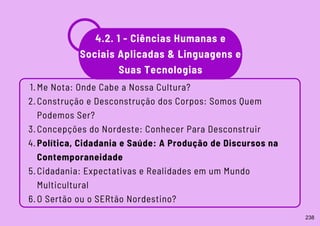 Me Nota: Onde Cabe a Nossa Cultura?
Construção e Desconstrução dos Corpos: Somos Quem
Podemos Ser?
Concepções do Nordeste: Conhecer Para Desconstruir
Política, Cidadania e Saúde: A Produção de Discursos na
Contemporaneidade
Cidadania: Expectativas e Realidades em um Mundo
Multicultural
O Sertão ou o SERtão Nordestino?
1.
2.
3.
4.
5.
6.
4.2. 1 - Ciências Humanas e
Sociais Aplicadas & Linguagens e
Suas Tecnologias
238
 