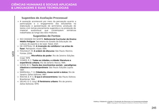 CIÊNCIAS HUMANAS E SOCIAIS APLICADAS
& LINGUAGENS E SUAS TECNOLOGIAS
UC3
Sugestões de Avaliação Processual
A avaliação acontecerá por meio da percepção quanto a
participação e o engajamento dos estudantes na
elaboração e apresentação de seminários, produção de
textos com temas previamente sugeridos e na produção de
material audiovisual que contemplem temáticas
trabalhadas ao longo dos dois módulos.
Sugestões de Fontes
RIO GRANDE DO NORTE. Referencial Curricular do Ensino
Médio Potiguar. Secretaria do Estado da Educação, da
cultura, do esporte e do lazer. Natal, 2021.
DE CERTEAU, M. A invenção do cotidiano I: as artes do
fazer. Petrópolis: Vozes, 1994.
FOUCAULT, M. A ordem do discurso. São Paulo: Martins
Fontes, 2006.
__________. Microfísica do poder. Rio de Janeiro: Edições
Graal, 1979.
GOMES, R. C. Todas as cidades, a cidade: literatura e
experiência urbana. Rio de Janeiro: Rocco, 1994.
GOHN, M. G. Teoria dos movimentos sociais - paradigmas
clássicos e contemporâneos. São Paulo: Edições Loyola,
1997.
MARSHALL, T. H. Cidadania, classe social e status. Rio de
Janeiro: Zahar Editores, 1967.
ROCHA, E. P. G. O que é etnocentrismo. São Paulo: Editora
Brasiliense, 1984.
VELHO, O. G. (org.). O fenômeno urbano. Rio de janeiro:
Zahar Editores, 1979.
Política, Cidadania e Saúde: A Produção de Discursos na Contemporaneidade
UC3: Linguagens nos Espaços Urbanos e Rurais e Seus Atores
245
 