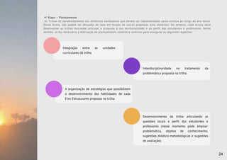 4ª Etapa – Planejamento
As Trilhas de Aprofundamento são diretrizes norteadoras que devem ser implementadas pelas escolas ao longo do ano letivo.
Dessa forma, não podem ser deixadas de lado em função de outras propostas e/ou materiais. No entanto, cada escola deve
desenvolver as trilhas buscando articular a proposta à sua territorialidade e ao perfil dos estudantes e professores. Nesse
sentido, se faz necessária a efetivação do planejamento coletivo e contínuo para assegurar os seguintes aspectos:
Integração entre as unidades
curriculares da trilha.
Interdisciplinaridade no tratamento da
problemática proposta na trilha.
A organização de estratégias que possibilitem
o desenvolvimento das habilidades de cada
Eixo Estruturante proposto na trilha.
Desenvolvimento da trilha articulando as
questões locais e perfil dos estudantes e
professores (nesse momento pode ampliar:
problemática, objetos de conhecimento,
sugestões didático-metodológicas e sugestões
de avaliação).
24
 