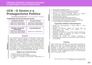 Módulo
1
Política, Cidadania e Saúde: A Produção de Discursos na Contemporaneidade
UC6: O Jovem e o Protagonismo Político
Módulo
1
UC6 - O Jovem e o
Protagonismo Político
Formação dos professores: Língua Portuguesa e Geografia
Uma democracia é barulhenta, mas necessária, porque abre
espaço para o debate, sugestões e construção coletiva. Este
módulo vai se debruçar a estudar, analisar e discutir o conceito
de democracia, considerando os limites por ela impostos.
Pretende-se analisar e observar que numa democracia nem
tudo o que se fala e o que se diz pode ser entendido como
democrático. O jovem estudante terá, ao final do módulo, que
compreender o verdadeiro sentido de democracia, desde a
suas origens até a contemporaneidade, de modo que seja
capaz de posicionar-se criticamente sobre este tema.
Ementa
Objetos do Conhecimento
Regimes políticos e suas origens;
Conceitos de democracia, cidadania e política;
A história e formação das principais democracias no
mundo;
Análise de documentários e filmes sobre o tema
democracia;
Estudos comparativos (estudo de caso) sobre as
democracias no mundo (na história e na
contemporaneidade);
Produções de textos orais e escritos (debate deliberativo,
entrevista, artigo de opinião etc.) sobre os temas
democracia, política e cidadania;
Produção de curtas ou podcast buscando o
posicionamento dos alunos sobre temas sociais e políticos
da atualidade.
Democracia no espaço virtual;
Liberdade de expressão versus discurso de ódio;
As Fake News versus Liberdade de expressão;
Gêneros do discurso (Charge, artigo de opinião,
documentário, podcast, debate deliberativo etc.);
Argumentação e discurso;
Persuasão e estratégias de convencimento:
Tipos de argumentos e estratégias argumentativas;
Enunciadores argumentativos e marcadores de opinião;
A cultura digital e o protagonismo político.
Sugestões Didático-Metodológicas
Habilidades dos Eixos Estruturantes:
CIÊNCIAS HUMANAS E SOCIAIS APLICADAS
& LINGUAGENS E SUAS TECNOLOGIAS
Investigação Científica:
(EMIFCHSA01)
(EMIFCHSA02)
(EMIFCHSA03)
(EMIFLGG01)
(EMIFLGG02)
(EMIFLGG03)
Processos Criativos:
(EMIFCHSA04)
(EMIFCHSA05)
(EMIFCHSA06)
(EMIFLGG04)
(EMIFLGG05)
(EMIFLGG06)
Mediação e Intervenção
Sociocultural:
(EMIFCHSA07)
(EMIFCHSA08)
(EMIFCHSA09)
(EMIFLGG07)
(EMIFLGG08)
(EMIFLGG09)
Empreendedorismo:
(EMIFCHSA10)
(EMIFLGG10)
Módulo
2
Neste módulo será analisado e discutido políticas públicas de
saúde com base em algumas garantias constitucionais
propostas em leis e outros documentos legais. Intenciona-se
mobilizar os educandos a se expressarem por meio de
diferentes linguagens e textos (orais, escritos, digitais etc.), que
incentivem o seu protagonismo político, sua participação
social e consciência cidadã.
Ementa
250
 