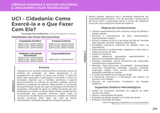Módulo
1
Cidadania: Expectativas e Realidades em um Mundo Multicultural
UC1: Cidadania: Como Exercê-la e o Que Fazer com Ela?
Módulo
1
UC1 - Cidadania: Como
Exercê-la e o Que Fazer
Com Ela?
Formação dos professores: Língua Portuguesa e História
Cidadania é um conceito historicamente construído a partir de
conflitos de interesses, de ideias antagônicas e do
protagonismo de sujeitos na busca por direitos. O exercício
pleno dela pressupõe a participação consciente e crítica na
sociedade, exigindo que o indivíduo reconheça e assuma
posicionamentos em relação às decisões coletivas, políticas
públicas e propostas de governo. Nesse sentido, a construção
da argumentação ocupa um lugar de destaque, permitindo ao
estudante a discussão de ideias e a defesa de pontos de vista
embasados em fontes confiáveis. Neste módulo, evidencia-se a
compreensão dos processos históricos pelos quais se
construíram e se efetivaram os direitos do cidadão em diversos
recortes temporais. Além disso, por meio da leitura,
interpretação e produção dos gêneros artigo de opinião e
Ementa
Habilidades dos Eixos Estruturantes:
CIÊNCIAS HUMANAS E SOCIAIS APLICADAS
& LINGUAGENS E SUAS TECNOLOGIAS
Investigação Científica:
(EMIFCHSA01)
(EMIFCHSA02)
(EMIFCHSA03)
(EMIFLGG01)
(EMIFLGG02)
(EMIFLGG03)
Processos Criativos:
(EMIFCHSA04)
(EMIFCHSA05)
(EMIFCHSA06)
(EMIFLGG04)
(EMIFLGG05)
(EMIFLGG06)
Mediação e Intervenção
Sociocultural:
(EMIFCHSA07)
(EMIFCHSA08)
(EMIFCHSA09)
(EMIFLGG07)
(EMIFLGG08)
(EMIFLGG09)
Empreendedorismo:
(EMIFCHSA10)
(EMIFLGG10)
Análise de conteúdos presentes em páginas de redes
sociais e de mídias;
Leitura e interpretação de textos;
Produção de debate regrado e de artigo de opinião.
Exibição e discussão de vídeos;
Sugestões Didático-Metodológicas
debate regrado, espera-se que o estudante desenvolva sua
capacidade argumentativa, a fim de aprender a posicionar-se
de forma ética e responsável frente a temas de relevância
social e/ou que configurem polêmicas públicas.
Objetos do Conhecimento
Gêneros argumentativos orais e escritos: artigo de opinião e
debate regrado;
Estrutura e características do texto argumentativo.
Argumentação e réplica;
Escuta e respeito ao turno e ao tempo de fala em reuniões
orais regradas (reuniões, debates, assembleias);
Estratégias linguísticas presentes em debates (tipos de
argumentos);
Posicionamento fundamentado, respeitoso e ético para a
defesa de pontos de vista;
Violência linguística;
Coesão sequencial (operadores argumentativos) e
referencial (progressão referencial);
Períodos compostos: valores semânticos das conjunções
coordenativas e subordinativas;
Relações lógico-discursivas (causalidade, temporalidade,
conclusão, comparação, finalidade, oposição, condição,
explicação, adição, entre outras) estabelecidas entre
parágrafos, períodos ou orações;
Conceito de cidadania ao longo do tempo;
A Revolução Francesa e a Declaração dos Direitos do
Homem e do Cidadão;
Processo de centralização monárquica nos Estados
Modernos.
254
 