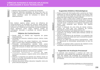 CIÊNCIAS HUMANAS E SOCIAIS APLICADAS
& LINGUAGENS E SUAS TECNOLOGIAS
Módulo
2
Módulo
1
Este módulo objetiva refletir acerca da influência do
multiculturalismo na sociedade de consumo. Nesse sentido,
propõe aos estudantes um olhar atento sobre os produtos de
consumo com influências de imigrantes oriundos de países de
língua espanhola como língua materna através da
investigação, discussão e produção de diversos gêneros
discursivos.
Ementa
Módulo
2
Propor a busca de informações sobre a presença da língua
espanhola na vida do estudante, seja em seu entorno, seja
nos meios de comunicação, por exemplo, para conhecer os
países que falam espanhol ao redor do Brasil;
Mostrar o passo a passo para a análise do gênero folheto,
biografia, notícia de jornal, letra de canção, entre outros, de
maneira que os estudantes possam reconhecer e entender
a função social, a estrutura e os aspectos linguísticos que
devem estar presentes para alcançar seu objetivo
comunicativo;
Propor a produção de uma linha do tempo artístico-
cultural em nosso país com influência de culturas
estrangeiras (música, filmes, peças teatrais, etc);
Propor aos estudantes que pesquisem sobre as relações, os
costumes e as crenças, vividos pelas diversas culturas na
América Latina;
Discutir a importância de reconhecer e se apropriar dos
espaços culturais da cidade para que os estudantes possam
utilizá-los e valorizá-los;
Produzir um vídeo clipe da música "Latinoamerica - Calle
13", observando as diversidades apresentadas na letra da
canção;
Produzir um podcast sobre o exercício da cidadania numa
sociedade multicultural, partindo da escola;
Sugestões Didático-Metodológicas
Debater sobre xenofobia e a questão dos refugiados;
Organizar diferentes estratégias de leitura (voz alta, em
duplas, coletiva com interrupção para debate etc.) de de
textos científicos sobre os conceitos e teorias de
desenvolvimento.
Objetos do Conhecimento
Estudo sobre os direitos dos migrantes de países
hispanofalantes;
Sociedade de consumo; Indústria cultural: cinema, moda,
música etc;
Aspectos culturais nos países hispânicos, com destaque
para o turismo, lazer e demais atividades culturais;
Produções cinematográficas, canções, entre outras
expressões artísticas de países hispânicos que influenciam a
cultura de consumo no Brasil, bem como na comunidade
local;
Comparação dos aspectos sócio e político-culturais a partir
da percepção do local em confronto com o global;
Pronombres demostrativos y adverbios de lugar:
localização de pessoas e objetos tendo como referência o
falante; -
Políticas e programas de garantia aos direitos sociais no
Brasil e no mundo: distribuição de renda, combate à fome,
políticas afirmativas etc; -
Gêneros discursivos: folheto educativo, biografia, notícia de
jornal, letra de canção etc.
UC2
Sugestões de Avaliação Processual
A avaliação será processual e contínua por meio das
presenças e participações dos estudantes nas aulas, e por
meio das análises das atividades de compreensão dos
objetos do conhecimento que serão desenvolvidos durante
os módulos.
Cidadania: Expectativas e Realidades em um Mundo Multicultural
UC2: Yo Soy Tú: Um Olhar Sobre a Influência dos Fluxos Migratórios na
Formação Cidadã
258
 