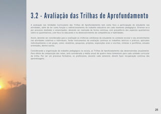 A avaliação nas Unidades Curriculares das Trilhas de Aprofundamento tem como foco a participação do estudante nas
atividades, além de ter como função o redirecionamento do trabalho educativo em cada momento pedagógico. Orientar-se-á
por processo mediador e emancipador, devendo ser realizada de forma contínua, com prevalência dos aspectos qualitativos
sobre os quantitativos, com foco no educando e no desenvolvimento de competências e habilidades.
Assim, deverão ser consideradas para a avaliação as vivências cotidianas do estudante no contexto escolar e seu envolvimento
nas atividades coletivas e individuais. Serão instrumentos de avaliação contínua os trabalhos teóricos e práticos, aplicados
individualmente e em grupo, como: relatórios, pesquisas, projetos, exposições orais e escritas, sínteses e portfólios, estudos
orientados, dentre outros.
Considerando a organização do trabalho pedagógico na escola, as Trilhas de Aprofundamento são desenvolvidas anualmente.
Para efeito de composição das notas, será considerada a média anual de quatro notas bimestrais para cada unidade curricular
da trilha. Por ser um processo formativo, os professores, durante cada semestre, devem fazer recuperação contínua das
aprendizagens.
3.2 - Avaliação das Trilhas de Aprofundamento
25
 