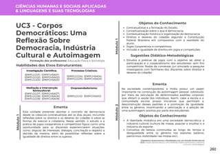 Módulo
1
Cidadania: Expectativas e Realidades em um Mundo Multicultural
UC3: Corpos Democráticos: Uma Reflexão Sobre Democracia, Indústria
Cultural e Autoimagem
Módulo
1
UC3 - Corpos
Democráticos: Uma
Reflexão Sobre
Democracia, Indústria
Cultural e Autoimagem
Formação dos professores: Educação Física e Sociologia
Esta unidade pretende abordar o conceito de democracia
desde os clássicos contratualistas até os dias atuais, incluindo
reflexões sobre os direitos e os deveres do cidadão e sobre as
formas de exercer a cidadania. Nesse sentido, o estudo e a
prática de jogos cooperativos e competitivos figura como uma
oportunidade para os discentes experienciarem situações,
como: disputa de interesses, diálogos, conciliação e respeito a
decisão da maioria, além de possibilitar reflexões sobre a
igualdade de direitos entre os sujeitos.
Ementa
Habilidades dos Eixos Estruturantes:
CIÊNCIAS HUMANAS E SOCIAIS APLICADAS
& LINGUAGENS E SUAS TECNOLOGIAS
Investigação Científica:
(EMIFCHSA01)
(EMIFCHSA02)
(EMIFCHSA03)
(EMIFLGG01)
(EMIFLGG02)
(EMIFLGG03)
Processos Criativos:
(EMIFCHSA04)
(EMIFCHSA05)
(EMIFLGG04)
(EMIFLGG05)
Mediação e Intervenção
Sociocultural:
(EMIFCHSA07)
(EMIFCHSA08)
(EMIFCHSA09)
(EMIFLGG07)
(EMIFLGG08)
(EMIFLGG09)
Empreendedorismo:
(EMIFCHSA10)
(EMIFLGG10)
Estudos e práticas de jogos com o objetivo de obter a
participação e o cooperativismo dos estudantes, sem fins
competitivos. Rodas de conversas, júri simulado e pesquisa
investigativa com familiares dos discentes sobre direitos e
deveres do cidadão.
Sugestões Didático-Metodológicas
Objetos do Conhecimento
Contratualistas e a formação do Estado;
Conceitualização sobre o que é democracia;
Contextualização histórica e organização da democracia;
Direitos e deveres do cidadão segundo a Constituição
Federal Brasileira em comparativo com a realidade do
aluno;
Jogos Cooperativos e competitivos;
Inclusão e igualdade de direitos em jogos e competições.
Módulo
2
Na sociedade contemporânea, a mídia possui um papel
importante na construção da autoimagem pessoal, sobretudo
por meio da veiculação de determinados padrões corporais
que afetam a saúde dos indivíduos. Assim, cabe a escola e a
comunidade escolar propor iniciativas que permitam a
desconstrução desses padrões e a promoção da igualdade
entre os gêneros, incentivando a valorização e a adoção de
uma autoimagem positiva por parte dos estudantes.
Ementa
Objetos do Conhecimento
A liberdade midiática em uma sociedade democrática; a
indústria cultural (cultura de massa, popular e erudita) e a
indústria do esporte;
Conceitos de beleza construídos ao longo do tempo e
desigualdade entre os gêneros nos esportes (salários,
patrocínios, visibilidade nas mídias etc);
260
 