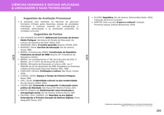 CIÊNCIAS HUMANAS E SOCIAIS APLICADAS
& LINGUAGENS E SUAS TECNOLOGIAS
UC5
UC5
A avaliação será realizada no decorrer do percurso
formativo trilhado pelos discentes, através de atividades
individuais e coletivas, levando em consideração a
interação, participação e as produções propostas na
Unidade Curricular.
Sugestões de Avaliação Processual
Sugestões de Fontes
RIO GRANDE DO NORTE. Referencial Curricular do Ensino
Médio Potiguar. Secretaria do Estado da Educação, da
cultura, do esporte e do lazer. Natal, 2021.
ANDRADE, Mário. O turista aprendiz. Brasília: IPHAN, 2015.
BORDIEU, Pierre. Escritos de educação, Rio de Janeiro:
Vozes, 1998.
BRASIL. [Constituição (1988)]. Constituição da República
Federativa do Brasil de 1988. Brasília, DF: Presidente da
República, [2022].
BRASIL. Lei complementar nº 195, de 8 de julho de 2022. 5.
BRASIL. Lei nº 14.017, de 29 de junho de 2020.
BRASIL. Ministério de Educação e Cultura. LDB - Lei nº
9394/96, de 20 de dezembro de 1996. Estabelece as Diretrizes
e Bases da Educação Nacional. Brasília: MEC, 1996.
CASCUDO, Câmara. Civilização e cultura. São Paulo: Global,
2004.
GURGEL, Deífilo. Espaço e Tempo do Folclore Potiguar.
Natal: 1999.
HALL, Stuart. A identidade cultural na pós-modernidade.
Rio de Janeiro: DP&A, 2002.
HOOKS, Bell. Ensinando a transgredir: A educação como
prática da liberdade. São Paulo/ SP: Martins Fontes, 2013.
MATTA, Roberto da. Relativizando: Uma introdução à
antropologia social. Rio de Janeiro: Editora Rocco, 1987.
PALFREY, John. GASSER, Urs. Nascidos na era digital:
Entendendo a Primeira Geração de Nativos Digitais. Porto
Alegre/RS: Penso, 2011.
PLATÃO. República. Rio de Janeiro: Editora Best Seller, 2002.
Tradução de Enrico Corvisieri.
SANTOS, José Luiz dos. O que é a cultura?. Coleção
Primeiros passos. Editora Brasiliense, 2009.
Cidadania: Expectativas e Realidades em um Mundo Multicultural
UC5: Arte e Filosofia: Diálogos em Construção
265
 