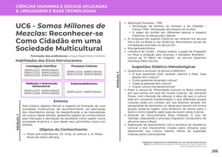 Módulo
1
Cidadania: Expectativas e Realidades em um Mundo Multicultural
UC6: Somos Millones de Mezclas: Reconhecer-se Como Cidadão em
uma Sociedade Multicultural
Módulo
1
UC6 - Somos Millones de
Mezclas: Reconhecer-se
Como Cidadão em uma
Sociedade Multicultural
Formação dos professores: Língua Espanhola e História
Este módulo objetiva discutir a respeito da formação de uma
sociedade multicultural, de reconhecimento, da valorização
dos movimentos sociais, da ressignificação e da manutenção
da cultura. Nesse sentido, apresenta objetos do conhecimento
para discussão e percepção do estudante como sujeito numa
sociedade dinâmica e que desde seus primórdios busca por
direitos.
Ementa
Habilidades dos Eixos Estruturantes:
CIÊNCIAS HUMANAS E SOCIAIS APLICADAS
& LINGUAGENS E SUAS TECNOLOGIAS
Investigação Científica:
(EMIFCHSA01)
(EMIFCHSA02)
(EMIFCHSA03)
(EMIFLGG01)
(EMIFLGG02)
(EMIFLGG03)
Processos Criativos:
(EMIFCHSA04)
(EMIFCHSA05)
(EMIFLGG04)
(EMIFLGG05)
Mediação e Intervenção
Sociocultural:
(EMIFCHSA07)
(EMIFCHSA08)
(EMIFLGG07)
(EMIFLGG08)
Empreendedorismo:
(EMIFCHSA10)
(EMIFLGG10)
Objetos do Conhecimento
Povos pré-colombianos: Os incas, os astecas e os Maias; -
Povos de matriz africana;
Questionar e provocar os alunos a refletirem:
O que queremos dizer quando usamos a frase: “essa
pessoa tem cultura”?
Como podemos entender cultura?
Todas as pessoas têm cultura?
A qual cultura nós pertencemos?
Fazer a Leitura de "Diversidade Cultural no Brasil: entenda
por que somos um país de muitas culturas", de Leonardo
Ponso, com intenção de reforçar a ideia de que a cultura
está em constante transformação e que diferentes grupos
culturais estão em contato, por isso estamos sempre nos
apropriando de elementos ou ideias que nascem em outros
grupos (pode-se sugerir uma dinâmica de leitura para o
texto e como trabalho, pedir para escrevam sobre o tema).
Exibição do Documentário Altas Histórias: O Cais do
Valongo, observando o processo migratório compulsório de
africanos para o Brasil;
Elaboração de questionários com a temática da resistência
cultural e dos mecanismos criados pelos africanos para
desenvolver sua cultura mesmo diante da supressão
imposta pelos colonizadores;
Sugestões Didático-Metodológicas
Revolução Francesa – 1789:
Declaração de Direitos do Homem e do Cidadão –
França, 1789; • Declaração dos direitos da mulher;
O papel da mulher em diferentes épocas e espaços
históricos; As Revoluções Liberais.
A conquista dos sujeitos históricos por direitos nos séculos
XIX e XX no Brasil e nas Américas. Movimentos sociais de
contestação ocorridos no século XIX;
Miscigenação étnica;
Literatura de Cordel – pliegos sueltos, o papel da imigração
na força e projeção para alcançar o Nordeste Brasileiro -
Leitura de “O Mártir de Gólgotar”, do escritor Espanhol
Henrique Pérez Escrish.
266
 