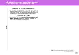 CIÊNCIAS HUMANAS E SOCIAIS APLICADAS
& LINGUAGENS E SUAS TECNOLOGIAS
A avaliação será processual e contínua por meio das
presenças e participações dos estudantes nas aulas, e por
meio das análises das atividades de compreensão dos
conteúdos que serão desenvolvidas durante o módulo.
Sugestões de Avaliação Processual
UC6
Sugestões de Fontes
RIO GRANDE DO NORTE. Referencial Curricular do Ensino
Médio Potiguar. Secretaria do Estado da Educação, da
cultura, do esporte e do lazer. Natal, 2021.
Cidadania: Expectativas e Realidades em um Mundo Multicultural
UC6: Somos Millones de Mezclas: Reconhecer-se Como Cidadão em
uma Sociedade Multicultural
268
 