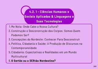 Me Nota: Onde Cabe a Nossa Cultura?
Construção e Desconstrução dos Corpos: Somos Quem
Podemos Ser?
Concepções do Nordeste: Conhecer Para Desconstruir
Política, Cidadania e Saúde: A Produção de Discursos na
Contemporaneidade
Cidadania: Expectativas e Realidades em um Mundo
Multicultural
O Sertão ou o SERtão Nordestino?
1.
2.
3.
4.
5.
6.
4.2. 1 - Ciências Humanas e
Sociais Aplicadas & Linguagens e
Suas Tecnologias
269
 