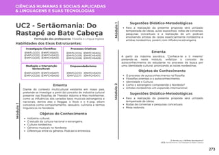 Módulo
1
O Sertão ou o SERtão Nordestino?
UC2: Sertãomania: Do Rastapé ao Bate Cabeça
Módulo
1
Formação dos professores: Filosofia e Língua Inglesa
Diante do contexto multicultural existente em nosso país,
pretende-se investigar a partir do conceito de indústria cultural
presente nas filosofias de Theodor Adorno e Max Horkheimer,
como as influências dos variados tipos musicais estrangeiros e
nacionais, dentre eles o Reggae, o Rock e o K-pop, ditam
conceitos como comportamento, vestuário, culinária e termos
linguísticos no Nordeste.
Ementa
Objetos do Conhecimento
Indústria cultural;
O estudo da cultura nacional e estrangeira;
Cultura nordestina;
Gêneros musicais no Nordeste;
Diferenças entre os gêneros: Podcast e entrevista.
Para a realização da presente proposta será utilizado
tempestade de ideias, aulas expositivas, rodas de conversas,
pesquisas conceituais e a realização de um podcast
envolvendo artistas de raízes essencialmente nordestina e
artistas nordestinos, porém com influência estrangeira.
Sugestões Didático-Metodológicas
Habilidades dos Eixos Estruturantes:
UC2 - Sertãomania: Do
Rastapé ao Bate Cabeça
CIÊNCIAS HUMANAS E SOCIAIS APLICADAS
& LINGUAGENS E SUAS TECNOLOGIAS
Investigação Científica:
(EMIFCHSA01)
(EMIFCHSA02)
(EMIFCHSA03)
(EMIFLGG01)
(EMIFLGG02)
(EMIFLGG03)
Processos Criativos:
(EMIFCHSA04)
(EMIFCHSA05)
(EMIFCHSA06)
(EMIFLGG04)
(EMIFLGG05)
(EMIFLGG06)
Mediação e Intervenção
Sociocultural:
(EMIFCHSA07)
(EMIFCHSA08)
(EMIFLGG07)
(EMIFLGG08)
Empreendedorismo:
(EMIFCHSA10)
(EMIFCHSA11)
(EMIFLGG10)
(EMIFLGG11)
Módulo
2
A partir da máxima socrática: “Conhece-te a ti mesmo”
pretende-se, neste módulo, enfatizar o conceito de
autoconhecimento do estudante no processo da busca por
uma identidade cultural, priorizando as raízes nordestinas.
Ementa
Objetos do Conhecimento
O processo de autoconhecimento na filosofia;
Filosofias orientais e o autoconhecimento;
Identidade e Cultura;
Como o estrangeiro compreende o Nordeste?
Artistas nordestinos em expansão internacional.
Para a realização da presente proposta será utilizado
tempestade de ideias;
Rodas de conversas e pesquisas conceituais;
Mesa redonda.
Sugestões Didático-Metodológicas
273
 