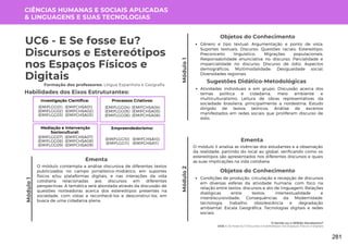 Módulo
1
O Sertão ou o SERtão Nordestino?
UC6: E Se fosse Eu? Discursos e Estereótipos nos Espaços Físicos e Digitais
Módulo
1
Formação dos professores: Língua Espanhola e Geografia
O módulo contempla a análise discursiva de diferentes textos
publicizados no campo jornalístico-midiático, em suportes
físicos e/ou plataformas digitais, e nas interações da vida
cotidiana relacionadas aos discursos em diferentes
perspectivas. A temática será abordada através da discussão de
questões norteadoras acerca dos estereótipos presentes na
sociedade, com vistas a reconhecê-los e desconstruí-los, em
busca de uma cidadania plena.
Ementa
Objetos do Conhecimento
Gênero e tipo textual; Argumentação e ponto de vista;
Suportes textuais; Discurso; Questões raciais; Estereótipo;
Preconceito linguístico; Migrações populacionais;
Responsabilidade enunciativa no discurso; Parcialidade e
imparcialidade no discurso; Discurso de ódio; Aspectos
demográficos; Multimodalidade; Desigualdade social;
Diversidades regionais
Habilidades dos Eixos Estruturantes:
UC6 - E Se fosse Eu?
Discursos e Estereótipos
nos Espaços Físicos e
Digitais
CIÊNCIAS HUMANAS E SOCIAIS APLICADAS
& LINGUAGENS E SUAS TECNOLOGIAS
Investigação Científica:
(EMIFCHSA01)
(EMIFCHSA02)
(EMIFCHSA03)
(EMIFLGG01)
(EMIFLGG02)
(EMIFLGG03)
Processos Criativos:
(EMIFCHSA04)
(EMIFCHSA05)
(EMIFCHSA06)
(EMIFLGG04)
(EMIFLGG05)
(EMIFLGG06)
Mediação e Intervenção
Sociocultural:
(EMIFCHSA07)
(EMIFCHSA08)
(EMIFCHSA09)
(EMIFLGG07)
(EMIFLGG08)
(EMIFLGG09)
Empreendedorismo:
(EMIFCHSA10)
(EMIFCHSA11)
(EMIFLGG10)
(EMIFLGG11)
Atividades individuais e em grupo; Discussão acerca dos
temas política e cidadania, meio ambiente e
multiculturalismo; Leitura de obras representativas da
sociedade brasileira, principalmente a nordestina; Estudo
dirigido de textos teóricos; Análise de excertos
manifestados em redes sociais que proliferam discurso de
ódio.
Sugestões Didático-Metodológicas
Módulo
2
O módulo II analisa as vivências dos estudantes e a observação
da realidade, partindo do local ao global, verificando como os
estereótipos são apresentados nos diferentes discursos e quais
as suas implicações na vida cotidiana.
Ementa
Objetos do Conhecimento
Condições de produção, circulação e recepção de discursos
em diversas esferas da atividade humana, com foco na
relação entre textos, discursos e ato de linguagem; Relações
dialógicas entre textos: intertextualidade e
interdiscursividade; Consequências da Modernidade:
tecnologia, trabalho, obsolescência e degradação
ambiental; Escala Geográfica. Tecnologias digitais e redes
sociais.
281
 
