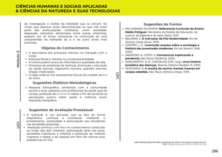 Módulo
2
Sugestões de Avaliação Processual
A avaliação é um processo que se fará de forma
diagnóstica, contínua e processual, mediante o
envolvimento, assiduidade e participação dos estudantes
nas atividades propostas;
Avaliação contínua, com foco no conhecimento construído
ao longo dos dois módulos, participação ativa nas aulas,
atividades individuais e coletivas e produção de material
impresso e digital a ser exposto em feira de ciências e/ou
plataformas on-line.
Sugestões de Fontes
RIO GRANDE DO NORTE. Referencial Curricular do Ensino
Médio Potiguar. Secretaria do Estado da Educação, da
cultura, do esporte e do lazer. Natal, 2021.
BAUMAN, Z. O mal-estar da Pós-Modernidade. Rio de
Janeiro: Jorge Zahar, 2018.
GROPPO, L. A. Juventude: ensaios sobre a sociologia e
história das juventudes modernas. Rio de Janeiro: Difel,
2000,
IAMARINO, A; LOPES, S. Coronavírus: explorando a
pandemia. São Paulo: Moderna, 2020.
NASCIMENTO, D. R.; CARVALHO, D.M.; (org.). Uma história
brasileira das doenças. Brasília: Editora Paralelo 15, 2004.
SEVCENKO, N. A revolta da vacina: mentes insanas em
corpos rebeldes. São Paulo: Editora Unesp, 2018.
CIÊNCIAS HUMANAS E SOCIAIS APLICADAS
& CIÊNCIAS DA NATUREZA E SUAS TECNOLOGIAS
de investigação e análise da realidade que os cercam. De
modo que doenças antes desconhecidas ou que não eram
parte das preocupações cotidianas, como ansiedade,
depressão, distúrbios alimentares entre outras síndromes,
acabam por se tornar necessárias na construção de uma
compreensão da realidade de si e do outro ainda mais
profunda.
UC1
Pesquisa bibliográfica, entrevistas com a comunidade
escolar e local, palestras com profissionais da saúde, aula de
campo, produção de podcast e vídeos a fim de socializar as
percepções juvenis sobre saúde e vivências locais,
exposição fotográfica.
Sugestões Didático-Metodológicas
Objetos do Conhecimento
A descoberta dos processos mentais na interação com o
corpo;
Doenças físicas e mentais na contemporaneidade;
A cultura juvenil na era da informática e qualidade de vida;
Processos de prevenção de doenças, promoção e educação
da saúde (vacinas, organismo humano, gravidez precoce,
drogas, medicação);
O lugar onde se vive: perspectivas futuras do cuidado de si e
do outro.
UC1
UMA REVOLUÇÃO EM MIM: Qualidade de Vida e Formação Integral do Ser
UC1: A Metamorfose da Vida em Busca da Cura
286
 