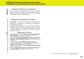 Módulo
2
Sugestões de Avaliação Processual
A avaliação é um processo que se fará de forma
diagnóstica, contínua e processual, mediante o
envolvimento, assiduidade e participação dos estudantes
nas atividades propostas;
Avaliação contínua, com foco no conhecimento construído
ao longo dos dois módulos, participação ativa nas aulas,
atividades individuais e coletivas e produção de material
impresso e digital a ser exposto em feira de ciências e/ou
plataformas on-line.
Sugestões de Fontes
RIO GRANDE DO NORTE. Referencial Curricular do Ensino
Médio Potiguar. Secretaria do Estado da Educação, da
cultura, do esporte e do lazer. Natal, 2021.
ARISTÓTELES. Da alma (de Anima) Introdução, tradução e
notas por Carlos Humberto Gomes. Edições 70,2001. Lisboa
- Portugal.
CONELLI ANNA CECILIA. Física 2. Moderna , 2010 3.
HALLIDAY, RESNICK, WALKER. Fundamentos de Física
óptica e Física Moderna. 4ª Ed. LTC, 1993.
RAMALHO, NICOLAU, TOLEDO, Os Fundamentos da Física 2.
Editora Moderna, 2021.
REALE,G. Corpo, alma e saúde. O conceito de homen de
Homeroa Platão - São PAulo. Ed. Paulus,2002.
CIÊNCIAS HUMANAS E SOCIAIS APLICADAS
& CIÊNCIAS DA NATUREZA E SUAS TECNOLOGIAS
Uso de APPs e simuladores, pesquisas na internet,
experimentos físicos, debates sobre a filosofia da mente,
palestras temáticas, seminários, pesquisa na comunidade
escolar sobre as temáticas abordadas.
Sugestões Didático-Metodológicas
UC2
UMA REVOLUÇÃO EM MIM: Qualidade de Vida e Formação Integral do Ser
UC2: O Raio X da Alma
288
 
