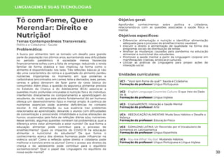 LINGUAGENS E SUAS TECNOLOGIAS
Unidades curriculares:
Tô com Fome, Quero
Merendar: Direito e
Nutrição!
Temas Contemporâneos Transversais:
Política e Cidadania - Saúde
A busca por alimentos tem se tornado um desafio para grande
parte da população nos últimos anos, aumentando essa dificuldade
no período pandêmico. A sociedade menos favorecida
financeiramente sofreu com a falta de emprego, reduzindo a renda
familiar de forma drástica e isso implicou na forma como o
alimento é disponibilizado nos lares. Três refeições básicas já não
são uma característica da rotina e a qualidade do alimento perdeu
nutrientes importantes no momento em que proteínas e
carboidratos (encontrados em carnes, leite e derivados, aves, peixes,
cereias e grãos) deixaram de fazer parte da cesta básica do
consumidor. Além disso, a questão da segurança alimentar prevista
no Estatuto da Criança e do Adolescente (ECA) associa-se a
questões muito profundas vinculadas à nutrição física do indivíduo,
interferindo diretamente no comportamento e aprendizagem do
estudante, de modo que este direito fundamental do ser humano
ofereça um desenvolvimento fisico e mental amplo. A carência de
nutrientes essenciais pode acarretar deficiências no contexto
escolar. A má alimentação ou sua ausência traz problemas
relacionados ao aprendizado, deixando o alunos com dificuldades
de concentração e provocando irritabilidade e outras alterações de
humor, ocasionados pela falta de refeições diárias e/ou nutrientes.
Nesse sentido, algumas questões norteiam tal problemática: qual a
diferença entre estar alimentado e estar nutrido? De que forma a
educação alimentar pode contribuir para o processo de
envelhecimento? Quais os impactos do COVID-19 na educação
alimentar e nutricional do estudante? De que forma o
conhecimento acerca dos direitos humanos pode influenciar na
vivência social? Como a reflexão sobre direito e cidadania pode
melhorar o convívio entre os alunos? Como o acesso aos direitos da
criança e do adolescente pode contribuir para o equilíbrio
socioemocional? Qual o papel das Linguagens no equilíbrio da
nossa saúde mental?
Problemática:
Objetivo geral:
Objetivos específicos:
Aprofundar conhecimentos sobre política e cidadania,
relacionando-os com as questões associadas à saúde física e
mental.
Diferenciar alimentação e nutrição e identificar alimentação
adequada para o processo do envelhecimento saudável;
Discutir o direito à alimentação de qualidade na forma dos
programas sociais de distribuição de renda;
Analisar as mudanças causadas pela pandemia na educação
alimentar e nutricional dos estudantes;
Promover a saúde mental a partir da Linguagem corporal em
manifestações criativas, artísticas e culturais;
Utilizar as práticas de Linguagens para propor ações de
interação social.
UC1 - ''Você tem Fome de quê?'': Saúde e Cidadania
Formação do professor: Língua Portuguesa
UC2 - English Language Countries Culture: O que Veio do Dado
de lá
Formação do professor: Língua Inglesa
UC3 - CriativaMENTE: Interação e Saúde Mental
Formação do professor: Arte
UC4 - REEDUCAÇÃO ALIMENTAR: Mude Seus Hábitos e Desafie a
Balança
Formação do professor: Educação Física
UC5 - COMILONA LATINA: Un Recorrido por el Vocabulario de
Alimentos en Latinoamerica
Formação do professor: Língua Espanhola
UC6 - You Are What You Eat: Mudando Hábitos.
Formação do professor: Língua Portuguesa e Língua Inglesa
30
 