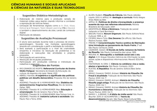 Sugestões de Avaliação Processual
O aluno será avaliado durante todo o processo de ensino-
aprendizagem, focando nas múltiplas aprendizagens
levando em consideração o perfil e realidade do indivíduo;
Será avaliado a participação e o nível de criatividade,
empenho e iniciativa na resolução de problemas e na
elaboração e execuções das atividades e projetos
propostos.
Participação em seminários;
Resolução de situações problemas;
Participação em produções coletivas e individuais de
trabalhos e pesquisas.
Sugestões de Fontes
RIO GRANDE DO NORTE. Referencial Curricular do Ensino
Médio Potiguar. Secretaria do Estado da Educação, da
cultura, do esporte e do lazer. Natal, 2021.
ABREU, Haroldo. A trajetória e o significado das políticas
públicas: um desafio democrático. Proposta, Rio de Janeiro,
1993.
ADORNO, Theodor W. & HORKHEIMER, Max. Dialética do
esclarecimento: fragmentos filosóficos. Rio de Janeiro:
Zahar, 1985.
ADORNO, Theodor W. & HORKHEIMER, Max. Educação e
emancipação. Rio de Janeiro: Paz e Terra, 1995.
ADORNO, Theodor W. & HORKHEIMER, Max.Tempo livre. In:
ADORNO, Theodor W. Indústria cultural e sociedade. São
Paulo: Paz e Terra, 2002.
CIÊNCIAS HUMANAS E SOCIAIS APLICADAS
& CIÊNCIAS DA NATUREZA E SUAS TECNOLOGIAS
UC1
UC1
Elaboração de roteiros para a produção variada de
materiais (vídeo, peça teatral, visando informar e combater
a reprodução de notícias falsas);
Utilização de ferramentas digitais como o In Shot, Kissis,
Kahoot e o Plotagon; Team Based Learning (TBL), Discord,
e também o desenvolvimento de sites, canais de conteúdo
digital;
Realização de debates.
Sugestões Didático-Metodológicas ALVES, Rubem. Filosofia da Ciência. São Paulo: edições
Loyola. 2012. 6. APPLE, M. Ideologia e currículo. Porto Alegre:
Artes Médicas,1882.
APPLE, M.. Políticas de direita e branquidade: a presença
ausente da raça nas reformas educacionais. Revista
Brasileira de Educação, 2001.
ARISTÓTELES. Ética a Nicômaco. Tradução de Leonel
Vallandro e Gerd Bornheim.
BACON, Francis. Novum Organum. São Paulo: Editora Nova
Cultural, 1999, p. 43.
CÍCERO, Marco Túlio. Dos Deveres (De officiis). São Paulo:
Martins Fontes, 1999.
FREIRE, P. Conscientização: Teoria e prática da libertação:
Uma introdução ao pensamento de Paulo Freire. 3ª ed.
São Paulo: Centauro, 2006.
GAARDER, Jostein. O Mundo de Sofia: romance da história
da filosofia. São Paulo: Companhia das Letras, 1955.
MOURA, M.. Netnografia: a realidade social sob o véu
digital. In R. Araujo. Estudos métricos da informação na web:
atores, ações e dispositivos informacionais. Maceió: EDUFAL.
2015.
PASTERNAK, N; ORSI, C. Ciência no cotidiano: viva a razão;
abaixo a ignorância. São Paulo: Contexto, 2020.
PLATÃO. A República. Rio de Janeiro: Editora Best Seller,
2002.
REALE, Giovanni; DARIO, Antiseri. História da Filosofia: De
Freud à atualidade. Tradução de Ivo Storniolo. São Paulo:
Paulus, 2003. Vol. 7.
REALE, Giovanni; DARIO, Antiseri. História da Filosofia:
filosofia pagã antiga. Tradução de Ivo Storniolo. São Paulo:
Paulus, 2003. Vol. 1.
REALE, Giovanni; DARIO, Antiseri.História da Filosofia: Do
Humanismo a Descartes. Tradução de Ivo Storniolo. São
Paulo: Paulus, 2003. Vol. 3.
SAFKO, L., & BRAKE, D..A bíblia da mídia social. São Paulo:
Blucher. 2010 21. SCHUMPETER, J.. Teoria do
desenvolvimento (2a ed.). São Paulo: Nova Cultural.1984.
FATO OU FAKE: O Conhecimento Científico Versus a Desinformação
UC1: Você Enxerga o Que Vê?
315
 