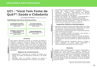 Módulo
1
Tô com Fome, Quero Merendar: Direito e Nutrição!
UC1: "Você tem Fome de quê?". Saúde e Cidadania
Módulo
1
Formação do professor: Língua Portuguesa
Este módulo apresenta e discute os conceitos de Política e
Cidadania, a partir de leituras de textos das esferas jurídica,
científica, jornalística e literária, voltados aos temas sobre
alimentação e nutrição, bem como acerca da garantia de
direitos fundamentais, ancorados na Constituição Federal/88. O
desenvolvimento do tema contemplará atividades de leitura,
interpretação e produção textual a partir de diferentes gêneros
discursivos.
Ementa
Objetos do Conhecimento
Apresentação e discussão do conceito de Saúde, com
ênfase nas noções de Segurança Alimentar e de Saúde
mental;
Discussão sobre as políticas públicas de acesso à
alimentação de qualidade, com o incentivo a construção
Textos das esferas jurídica, científica, jornalística,
publicitária e literária, características dos gêneros
discursivos e efeitos de sentido, com base nos recursos
linguísticos adotados em cada gênero;
Análise das práticas de linguagem, compreendendo o
discurso como prática social historicamente situada;
Argumentação: marcadores e operadores argumentativos. -
Inspirações literárias envolvendo a visão da Fome e a
denúncia social, sobretudo nos textos regionais.
de propostas de intervenção para essa problemática;
Sugestões Didático-Metodológicas
Aproximar o estudante do texto de esfera jurídica, por meio
da leitura do texto constitucional, destacando os artigos
que garantem a saúde como direito fundamental;
Ler e discutir o "Guia Alimentar para a população brasileira"
(2014), do Ministério da Saúde;
Criar um glossário jurídico ("juridiquês") para facilitar o
acesso à interpretação dos textos jurídicos;
Discutir, após a leitura dos textos do campo jornalístico-
midiático, os temas "direito e saúde" e "segurança alimentar
pós-pandemia", partindo também da própria realidade do
estudante;
Produzir cartas abertas, manifestos, memes e charges a
serem veiculados na esfera digital, destacando a
intencionalidade cada gênero discursivo produz.
LINGUAGENS E SUAS TECNOLOGIAS
Habilidades dos Eixos Estruturantes:
Investigação Científica:
(EMIFLGG01); (EMIFLGG02);
(EMIFLGG03).
UC1 - "Você Tem Fome de
Quê?": Saúde e Cidadania
Processos Criativos:
(EMIFLGG04); (EMIFLGG05);
(EMIFLGG06).
Mediação e Intervenção
Sociocultural:
(EMIFLGG08); (EMIFLGG08);
(EMIFLGG09).
Empreendedorismo:
(EMIFLGG10); (EMIFLGG11);
(EMIFLGG12).
Módulo
2
A proposta deste módulo envolve a leitura, interpretação e
produção de textos artísticos e literários, levando em
consideração o olhar sobre as implicações acerca da carência
alimentar e suas consequências na sociedade contemporânea.
O desenvolvimento do tema contemplará atividades de
leituras de obras literárias, apreciação de filmes, de fotografias
e de artes plásticas, além de contemplar o estudo do gênero
discursivo canção.
Ementa
31
 
