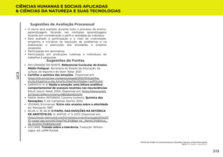 Sugestões de Avaliação Processual
O aluno será avaliado durante todo o processo de ensino-
aprendizagem, focando nas múltiplas aprendizagens
levando em consideração o perfil e realidade do indivíduo;
Será avaliado a participação e o nível de criatividade,
empenho e iniciativa na resolução de problemas e na
elaboração e execuções das atividades e projetos
propostos.
Participação em seminários;
Participação em produções coletivas e individuais de
trabalhos e pesquisas.
Sugestões de Fontes
RIO GRANDE DO NORTE. Referencial Curricular do Ensino
Médio Potiguar. Secretaria do Estado da Educação, da
cultura, do esporte e do lazer. Natal, 2021.
Cartilha: a quimica das emoções. Disponível em:
https://cfq.org.br/wp-content/uploads/2021/01/Cartilha-
Qu%c3%admica-das-Emo%c3%a7%c3%b5es-1.pdf?ltclid=
DARWICH, R. A. Razão e emoção: uma leitura analítico-
comportamental de avanços recentes nas neurociências.
Estud. psicol. Natal, 2005. Disponível em: https://www.scielo.
br/j/epsic/a/NsncmVwyLxhBbS8dr8ZqDSy
FARIA, Pedro; RETONDO, Carolina Godinho. Química das
Sensações. 5. ed. Campinas: Átomo, 2022.
LÈVINAS, Emmanuel. Entre nós: ensaios sobre a alteridade.
ed. Petropolis, 1997.
SILVA, C. M. de M. O PAPEL DAS EMOÇÕES NA RETÓRICA
DE ARISTÓTELES. In: AISTHE, nº 5, 2010. Disponível em:
https://www.netmundi.org/home/wpcontent/uploads/2014/07
/O-papel-das-emo%C3%A7%C3%B5es-na-_Ret%C3%B3rica_-
de-Arist%C3%B3teles.pdf
VOLTARE. Tratado sobre a tolerância. Tradução: William
Lagos. ed. LePM Pocket.
CIÊNCIAS HUMANAS E SOCIAIS APLICADAS
& CIÊNCIAS DA NATUREZA E SUAS TECNOLOGIAS
UC3
FATO OU FAKE: O Conhecimento Científico Versus a Desinformação
UC3: E aí, Bateu a Química?
319
 