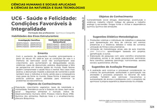 Módulo
1
UC6 - Saúde e Felicidade:
Condições Favoráveis à
Integralidade
Módulo
2
Formação dos professores: Química e Geografia
Com o aumento da população mundial, principalmente a
partir do século XX, sabe-se que as condições de vida e a
melhoria do bem-estar social não acompanharam esse
crescimento, pois aumentaram as desigualdades sociais,
violências, casos de desnutrição, pobreza, desemprego e falta
de perspectiva em diversos países do mundo. Esses fatores
podem comprometer a saúde física e mental. Nos casos mais
severos, a desnutrição impede a absorção de nutrientes e pode
também levar o indivíduo à morte, sendo essa a consequência
mais grave da fome no mundo. Dessa forma, é essencial que
políticas públicas sejam adotadas para minimizar os
problemas socioeconômicos.
Ementa
Habilidades dos Eixos Estruturantes:
CIÊNCIAS HUMANAS E SOCIAIS APLICADAS
& CIÊNCIAS DA NATUREZA E SUAS TECNOLOGIAS
FATO OU FAKE: O Conhecimento Científico Versus a Desinformação
UC6: Saúde e Felicidade: Condições Favoráveis à Integralidade
Objetos do Conhecimento
População, crescimento vegetativo, taxas de natalidade e
mortalidade; Previdência social e Estatuto do Idoso; bem-estar
social , Segurança alimentar e nutrição, índice de
Desenvolvimento Humano (IDH), Produto Interno Bruto (PIB);
Química dos alimentos; Radicais livres e o envelhecimento
precoce; Bioquímica.
Produções coletivas e individuais de trabalhos e pesquisas
para apresentação em feira de ciências em eventos
presencias e a distância; debates e rodas de conversa,
utilização de filmes e documentários;
Utilização de metodologias ativas: sala de aula invertida,
peer instructor, aprendizagem baseada em projetos,
gameficação, e outras.
Elaboração de pesquisas com valor científico envolvendo
índicadores sociais e de saúde populacional. seminários,
feira científica, palestras (psicólogo, nutricionistas, assistes
sociais), questionários, oficinas.
Sugestões Didático-Metodológicas
Investigação Científica:
(EMIFCNT01)
(EMIFCNT02)
(EMIFCNT03)
(EMIFCHSA01)
(EMIFCHSA02)
(EMIFCHSA03)
Mediação e Intervenção
Sociocultural:
(EMIFCNT07)
(EMIFCNT08)
(EMIFCNT09)
(EMIFCHSA07)
(EMIFCHSA08)
(EMIFCHSA09)
UC6
Objetos do Conhecimento
Vulnerabilidade social (drogas, desemprego, prostituição e
violência), trabalho infantil, tráfego de pessoas e trabalho
análogo à escravidão; Drogas licitas e ilícitas e dependência
química, Química das sensações.
Sugestões de Avaliação Processual
A avaliação será contínua e processual considerando os
critérios de pontualidade, assiduidade e participação nas
atividades e processos propostos no decorrer de toda
unidade. Também será estimular mecanismos e
autoavaliação de alunos e professores com o propósito de
aprimorar a própria experiência desenvolvida na unidade.
324
 