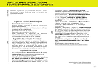 Sugestões de Avaliação Processual
Avaliações escritas, objetivas e subjetivas; frequência,
participação/interação; leitura orientada e interpretação de
artigos científicos conduzidas por perguntas chaves que
permitam avaliar a compreensão dos textos e sua
contextualização com a realidade; atividades em grupo
(gincanas, feiras, mostras, apresentações, seminários, etc),
Sugestões de Fontes
RIO GRANDE DO NORTE. Referencial Curricular do Ensino
Médio Potiguar. Secretaria do Estado da Educação, da
cultura, do esporte e do lazer. Natal, 2021.
ARRAES, DAMIÃO ESDRAS ARAUJO. A aventura toponímica
dos sertões das capitanias do Norte e do Estado do
Maranhão: paisagem, povoamento e diversidade. Anais do
Museu Paulista: História e Cultura Material [online]. 2021, v. 29
CIÊNCIAS HUMANAS E SOCIAIS APLICADAS
& CIÊNCIAS DA NATUREZA E SUAS TECNOLOGIAS
UC3
Módulo
2
UC3
Elaboração de mapas conceituais;
Exibição, debate e construção de resenhas críticas sobre
filmes e documentários;
Análise de artigos e revisões a partir de revistas científicas e
de divulgação científica diversas;
Elaboração e execução de projetos;
Elaboração e apresentação de seminários;
Feiras expositivas de produções de estruturas
arquitetônicas referentes às civilizações estudadas;
Oficinas para demonstração do uso de alavancas.
Sugestões Didático-Metodológicas
americana a partir das suas construções; Religião e poder;
Monumentos e cultos; Dinâmica social no contexto das
construções religiosas.
CERQUEIRA, Francklin. Ensino Interativo de Física:
atividades experimentais para ensinar física. Itaúna-MG:
LABORATÓRIOS EDUCACIONAIS FRANCKLIN LTDA, 2004.
FUNARI, Pedro Paulo A. A vida quotidiana na Roma Antiga.
Pedro Paulo A. Funari – São Paulo: Annablume, 2003.
GODAY, Leandro. et al. Ciências da Natureza: Matéria,
energia e a Vida – 1 ed. – São Paulo: FTD, 2020. [Coleção
Multiversos].
HELOU, D.; GUALTER, J. B.; NEWTON, V. B. Tópicos de Física.
1º edição, Vol. 3. São Paulo, Editora Saraiva, 2010.
HEWITT, P. G. Física conceitual. 12. ed. Porto Alegre:
Bookman, 2015.
RAMALHO, F.; NICOLAU, G. F.; TOLEDO, P. A. Os Fundamentos
da Física. 6ª edição, Vol. 3. São Paulo, Editora Moderna, 1997.
ROCHA, Diogo Ferreira da, PORTO, Marcelo Firpo de Souza e
PACHECO, Tania. A luta dos povos indígenas por saúde em
contextos de conflitos ambientais no Brasil (1999-2014).
Ciência & Saúde Coletiva [online]. 2019, v. 24, n. 2, pp. 383-
392. Disponível em: https://doi.org/10.1590/141381232018242.
27972016
SANTOS, Silvio Luis Agostinho dos. Ensino interativo de
física utilizando materiais de baixo custo e fácil acesso.
(2017).
Simulações de Física online – Site do Phet:
https://phet.colorado.edu/en/simulations/filtertype=html
Gênero, Sexualidade e Saúde: Esse Papo Dá Match?
UC3: A Arquitetura nas Civilizações Antigas
333
 