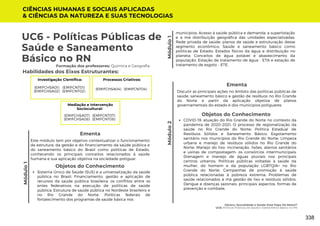 Gênero, Sexualidade e Saúde: Esse Papo Dá Match?
UC6: Políticas Públicas de Saúde e Saneamento Básico no RN
Módulo
1
Formação dos professores: Química e Geografia
UC6 - Políticas Públicas de
Saúde e Saneamento
Básico no RN
Módulo
2
CIÊNCIAS HUMANAS E SOCIAIS APLICADAS
& CIÊNCIAS DA NATUREZA E SUAS TECNOLOGIAS
Módulo
1
Ementa
Este módulo tem por objetivo contextualizar o funcionamento
da estrutura, da gestão e do financiamento da saúde pública e
do saneamento básico do Brasil como políticas de Estado,
conhecendo os principais conceitos relacionados à saúde
humana e sua aplicação objetiva na sociedade potiguar.
Ementa
Discutir as principais ações no âmbito das políticas públicas de
saúde, saneamento básico e gestão de resíduos no Rio Grande
do Norte a partir da aplicação objetiva de planos
governamentais do estado e dos municípios potiguares.
Objetos do Conhecimento
Sistema Único de Saúde (SUS) e a universalização da saúde
pública no Brasil; Financiamento, gestão e aplicação de
recursos da saúde pública brasileira: os conflitos entre os
entes federativos na execução de políticas de saúde
pública; Estrutura de saúde pública no Nordeste brasileiro e
no Rio Grande do Norte; Políticas federais de
fortalecimento dos programas de saúde básica nos
Investigação Científica:
(EMIFCNT01)
(EMIFCNT02)
(EMIFCHSA01)
(EMIFCHSA02)
Processos Criativos:
(EMIFCNT04)
(EMIFCHSA04)
Mediação e Intervenção
Sociocultural:
(EMIFCNT07)
(EMIFCNT08)
(EMIFCHSA07)
(EMIFCHSA08)
Objetos do Conhecimento
COVID-19: atuação do Rio Grande do Norte no contexto da
pandemia de 2020-2021; O processo de regionalização da
saúde no Rio Grande do Norte; Política Estadual de
Resíduos Sólidos e Saneamento Básico; Esgotamento
sanitário nos municípios do Rio Grande do Norte; Limpeza
urbana e manejo de resíduos sólidos no Rio Grande do
Norte; Manejo do lixo: incineração, lixões, aterros sanitários
e usinas de compostagem: os consórcios intermunicipais;
Drenagem e manejo de águas pluviais nos principais
centros urbanos; Políticas públicas voltadas à saúde da
mulher, do homem e da população LGBTQIA+ no Rio
Grande do Norte; Campanhas de promoção à saúde
pública relacionadas à pobreza extrema; Problemas de
saúde relacionados à má gestão de lixo e resíduos sólidos;
Dengue e doenças sazonais: principais aspectos, formas de
prevenção e combate.
municípios; Acesso à saúde pública e demanda: a superlotação
e a má distribuição geográfica das unidades especializadas;
Rede privada de saúde: planos de saúde e estruturação desse
segmento econômico; Saúde e saneamento básico como
políticas de Estado; Estados físicos da água e distribuição no
planeta; Conceitos de água potável e abastecimento da
população; Estação de tratamento de água - ETA e estação de
tratamento de esgoto - ETE.
Habilidades dos Eixos Estruturantes:
338
 