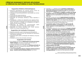 Sugestões de Avaliação Processual
Material produzido a partir das pesquisas bibliográficas;
Relatórios de visitas técnicas, dos resultados de laboratório
e de eventos realizados;
Avaliações gerais sobre a produção de trabalhos e recursos
didáticos;
Avaliação contínua das atividades realizadas.
Sugestões de Fontes
RIO GRANDE DO NORTE. Referencial Curricular do Ensino
Médio Potiguar. Secretaria do Estado da Educação, da
cultura, do esporte e do lazer. Natal, 2021.
BARROS, ME; PIOLA, SF e VIANNA, SM. Políticas de Saúde no
Brasil: Diagnóstico e Perspectivas, Brasília: IPEA, Texto para
Discussão nº 401, 1996.
CAERN, Companhia de Águas e Esgotos do Rio Grande do
Norte – Governo do Rio Grande do Norte. Site Oficial.
CIÊNCIAS HUMANAS E SOCIAIS APLICADAS
& CIÊNCIAS DA NATUREZA E SUAS TECNOLOGIAS
UC6
UC6
Pesquisas bibliográficas em arquivos oficiais online do
Governo Federal, Governo Estadual e Prefeituras;
Utilização de aplicativos/softwares relacionados aos temas
propostos;
Construção de mapas temáticos;
Elaboração de textos de iniciação científica;
Realização de seminários temáticos, mesas redondas e
painéis;
Investigação e análise em laboratório dos aspectos físico-
químicos da água proveniente dos sistemas de distribuição;
Visitas técnicas às unidades da Companhia de Água e
Esgotos do Rio Grande do Norte;
Elaboração de projetos de conscientização sobre
reutilização e descarte correto de resíduos sólidos;
Realização de mostra científica com mural, banners,
folders, com acesso à população local.
Sugestões Didático-Metodológicas FEITOSA, L. C. ; DANTAS, ALDO. Território e Federação: a
dimensão institucional da política regional da saúde no
Rio Grande do Norte. CONFINS (PARIS) , v. 1, p. 01-14, 2017.
FEITOSA, L. C. . O Território e a Região na Política de Saúde
Brasileira: entre as concepções teóricas e as práticas de
gestão. BOLETIM CAMPINEIRO DE GEOGRAFIA , v. 8, p. 189-
209, 2018.
FEITOSA, Luciana da Costa. A regionalização da saúde no
Rio Grande do Norte: Elementos para a compreensão da
dinâmica dos lugares. 2013. 137 f. Dissertação (Mestrado em
Dinâmica e Reestruturação do Território) - Universidade
Federal do Rio Grande do Norte, Natal, 2013.
FIGUEIREDO, Fábio Fonseca. FERREIRA, José Gomes. O
Saneamento Básico no Nordeste e no Rio Grande do
Norte: avanços e constrangimentos. XVII ENANPUR. São
Paulo, 2017.
FUNDAÇÃO OSWALDO CRUZ (FIOCRUZ). A Saúde no Brasil
em 2030 — Diretrizes para a Prospecção Estratégica do
Sistema de Saúde Brasileiro”, Fundação Oswaldo Cruz. (et.
al.). Rio de Janeiro: Fiocruz/IPEA/MS/SAE/PR, 2012.
FUNDAÇÃO OSWALDO CRUZ. A saúde no Brasil em 2030 -
prospecção estratégica do sistema de saúde brasileiro:
estrutura do financiamento e do gasto setorial [online].
Rio de Janeiro: Fiocruz/Ipea/Ministério da Saúde/Secretaria de
Assuntos Estratégicos da Presidência da República, 2013.
MINISTÉRIO DO MEIO AMBIENTE, Governo Federal. Plano
Nacional de Resíduos Sólidos. Brasília, 2022. Disponível em:
https://www.gov.br/mma/ptbr/assuntos/agendaambientalurb
ana/lixao-zero/plano_nacional_de_residuos_solidos-1.pdf
PIOLA, SF., et al. Estruturas de financiamento e gasto do
sistema público de saúde.
PLANALTO, Casa Civil da Presidência da República.
Condições para a promoção, proteção e recuperação da
saúde, a organização e o funcionamento dos serviços
correspondentes. Lei 8.080, de 19 de setembro de 1990.
Gênero, Sexualidade e Saúde: Esse Papo Dá Match?
UC6: Políticas Públicas de Saúde e Saneamento Básico no RN
339
 