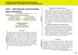 Eita Nordeste Arretado! Espantando os Fantasmas do Atraso
UC1: Nordeste: Inventado, Mas Potente
Módulo
1
Formação dos professores: História e Física
Habilidades dos Eixos Estruturantes:
UC1 - Nordeste: Inventado,
Mas Potente
Investigação Científica:
(EMIFCNT01)
(EMIFCNT02)
(EMIFCNT03)
(EMIFCHSA01)
(EMIFCHSA02)
(EMIFCHSA03)
Módulo
2
CIÊNCIAS HUMANAS E SOCIAIS APLICADAS
& CIÊNCIAS DA NATUREZA E SUAS TECNOLOGIAS
Processos Criativos:
(EMIFCNT04)
(EMIFCNT05)
(EMIFCNT06)
(EMIFCHSA04)
(EMIFCHSA05)
(EMIFCHSA06)
Mediação e Intervenção
Sociocultural:
(EMIFCNT07)
(EMIFCNT08)
(EMIFCNT09)
(EMIFCHSA07)
(EMIFCHSA08)
(EMIFCHSA09)
Objetos do Conhecimento
Fontes históricas e seus usos na produção do
conhecimento: Contextualizar os sujeitos históricos; A
importância do tempo e do espaço na construção do
conhecimento histórico; Memórias, narrativas e oralidades
como fontes históricas; As diferentes manifestações da
energia; As transformações e transferências de energia;
Trabalho: medida da energia transferida para a produção
de movimento nas máquinas térmicas; Termodinâmica;
Atrito: forças conservativas e não conservativas; Tipos de
usinas produtoras de energia elétrica; Produção de calor
nas máquinas térmicas; Formas de energia: eólica, química,
solar, nuclear e outras; Fontes energéticas do RN;
Calorimetria.
Dialogar a respeito das concepções prévias sobre o ensino-
aprendizagem do conhecimento da história do Nordeste;
Elaborar atividades utilizando fontes escritas, materiais
iconográficos, visuais ou audiovisuais e orais, objetivando a
compreensão do saber historicamente construído no
espaço e tempo no processo ensino-aprendizagem;
Assistir e problematizar filmes e manifestos para os estudos
escolares, considerando-os como documentos históricos,
que contemplem as temáticas étnicas brasileiras.
Sugestões Didático-Metodológicas
Módulo
1
Ementa
O contexto desta unidade curricular é entender a invenção do
Nordeste como um produto imagético-espacial a partir da
primeira década do século XX, através da análise dos discursos
que passaram a reivindicar um espaço sociopolítico
diferenciado e contrastante, carente, resultante de muitos
problemas, misérias e conflitos, mas também como uma
região ensolarada, cheia de vida, de calor humano e de
musicalidade. Assim, surge uma região que tem grande
potencial energético e econômico, que dá, na década de 1910,
seu primeiro passo na produção de energia, começando a
transição das máquinas a vapor para aquelas movidas a
eletricidade, constrói a primeira hidrelétrica em 1913 e funda
ainda na primeira metade daquele século a CHESF.
Ementa
A partir da segunda metade do século XX a região Nordeste
aumentou a produção de energias, com a construção das
hidrelétricas no São Francisco, e passou a figurar como
importante ator no cenário nacional. Tudo isso se dá no plano
tecnológico e a um custo de diversos problemas ambientais e
sociais. Em 1959 é fundada a Superintendência do
Desenvolvimento do Nordeste (SUDENE) desta forma, são
criadas políticas públicas para construção de açudes e
343
 
