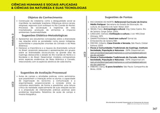 Sugestões de Avaliação Processual
Aulas de campo e atividades práticas, como seminários,
que possibilitem a interação entre os alunos, a capacidade
de organização do raciocínio, a comunicação e a
argumentação, proporcionando a conexão entre os
conceitos assimilados, de forma a possibilitar uma leitura
crítica da realidade, especialmente de suas relações sociais
e a proposição de intervenções práticas positivas para
problemas levantados. Relatórios de aulas de campo e
mostra fotográfica.
Sugestões de Fontes
RIO GRANDE DO NORTE. Referencial Curricular do Ensino
Médio Potiguar. Secretaria do Estado da Educação, da
cultura, do esporte e do lazer. Natal, 2021.
1BOAS, Franz. Antropologia cultural. Org. Celso Castro. Rio
de Janeiro: Jorge Zahar, 2004.
CASCUDO, Câmara. Civilização e cultura, 2 vol. MEC/José
Olímpio, 1973.
DAMATTA,Roberto. Você tem cultura? Jornal da
Embratel,Rio de Janeiro,1981.
FREYRE, Gilberto. Casa-Grande e Senzala. São Paulo: Global
Editora, 2003.
Povos e Comunidades Tradicionais da Caatinga. Instituto
Sociedade, População e Natureza – ISPN. Disponível em
ispn.org.br/biomas/caatinga/povos-e-comunidadestradicion
ais-do-cerrado /
Povos e Comunidades Tradicionais do Cerrado. Instituto
Sociedade, População e Natureza – ISPN. Disponível em
ispn.org.br/biomas/caatinga/povos-e-comunidadestradicion
ais-da-caatinga /
RIBEIRO, Darcy. O povo brasileiro. São Paulo: Companhia de
Bolso, 2006.
CIÊNCIAS HUMANAS E SOCIAIS APLICADAS
& CIÊNCIAS DA NATUREZA E SUAS TECNOLOGIAS
UC2
UC2
Objetos do Conhecimento
Construção da cidadania: como a desigualdade social se
manifesta na realidade brasileira; Diferenças étnico-raciais,
religiosas, regionais (com enfoque no Rio Grande do Norte);
Processos de socialização e trajetórias de vida;
Invertebrados, produção de alimentos e impactos
ambientais; Sustentabilidade.
Módulo
2
Apresentar aos estudantes concepções sobre a diversidade
nas relações entre as sociedades como povos indígenas,
quilombolas e populações oriundas do Cerrado e da Mata
Atlântica;
Destacar a importância e a riqueza da diversidade cultural
no Brasil, propondo pesquisas e apresentações em grupos
sobre as diversidades socioculturais na grande área da
Caatinga, destacando o estado do Rio Grande do Norte e o
Nordeste e do Brasil. Desenvolver modelos comparativos
entre espécies endêmicas da Mata Atlântica e Cerrado,
relacionando com os aspectos abióticos de cada bioma.
Sugestões Didático-Metodológicas
Eita Nordeste Arretado! Espantando os Fantasmas do Atraso
UC2: Socioecologia do Nordeste
347
 